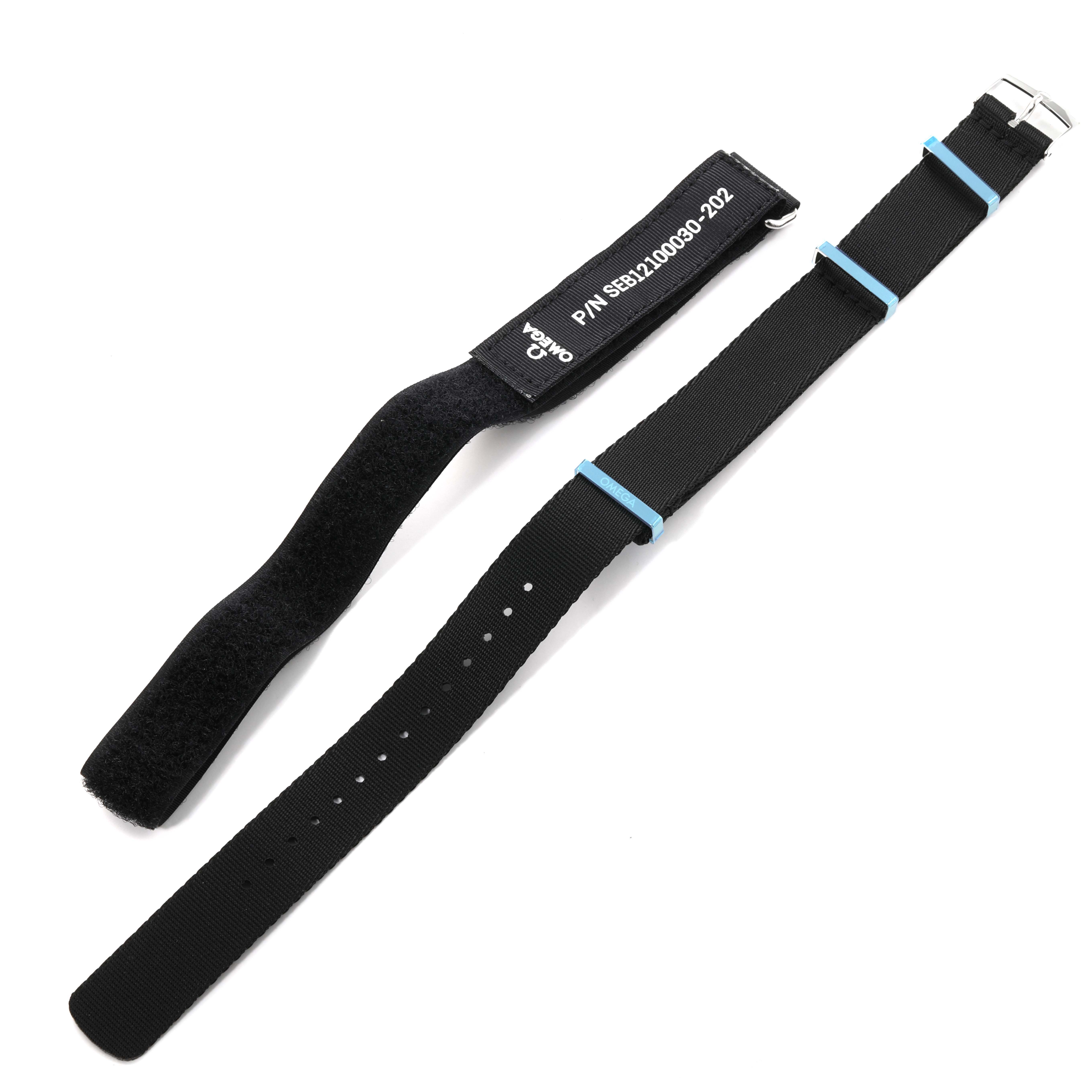 The image shows black Omega Speedmaster 311.30.42.30.01.005 Men
s Stainless Steel Black Dial 311.30.42.30.01.005 Men
s Stainless Steel Black Dial watch straps, one with a Velcro closure and the other with a standard buckle.