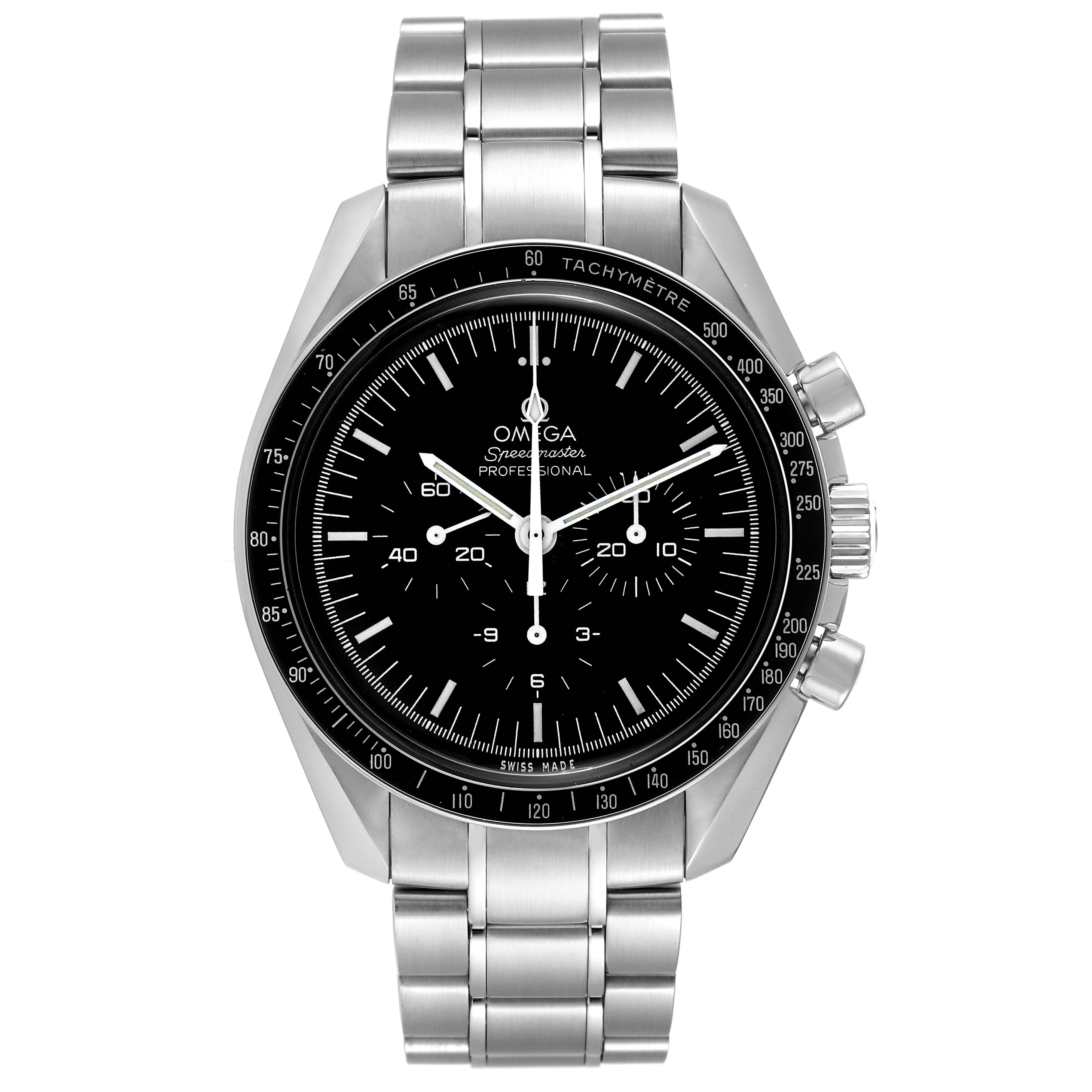 The image shows a front view of the Omega Speedmaster 311.30.42.30.01.005 Men
s Stainless Steel Black Dial 311.30.42.30.01.005 Men
s Stainless Steel Black Dial model watch with its stainless steel bracelet and black dial.