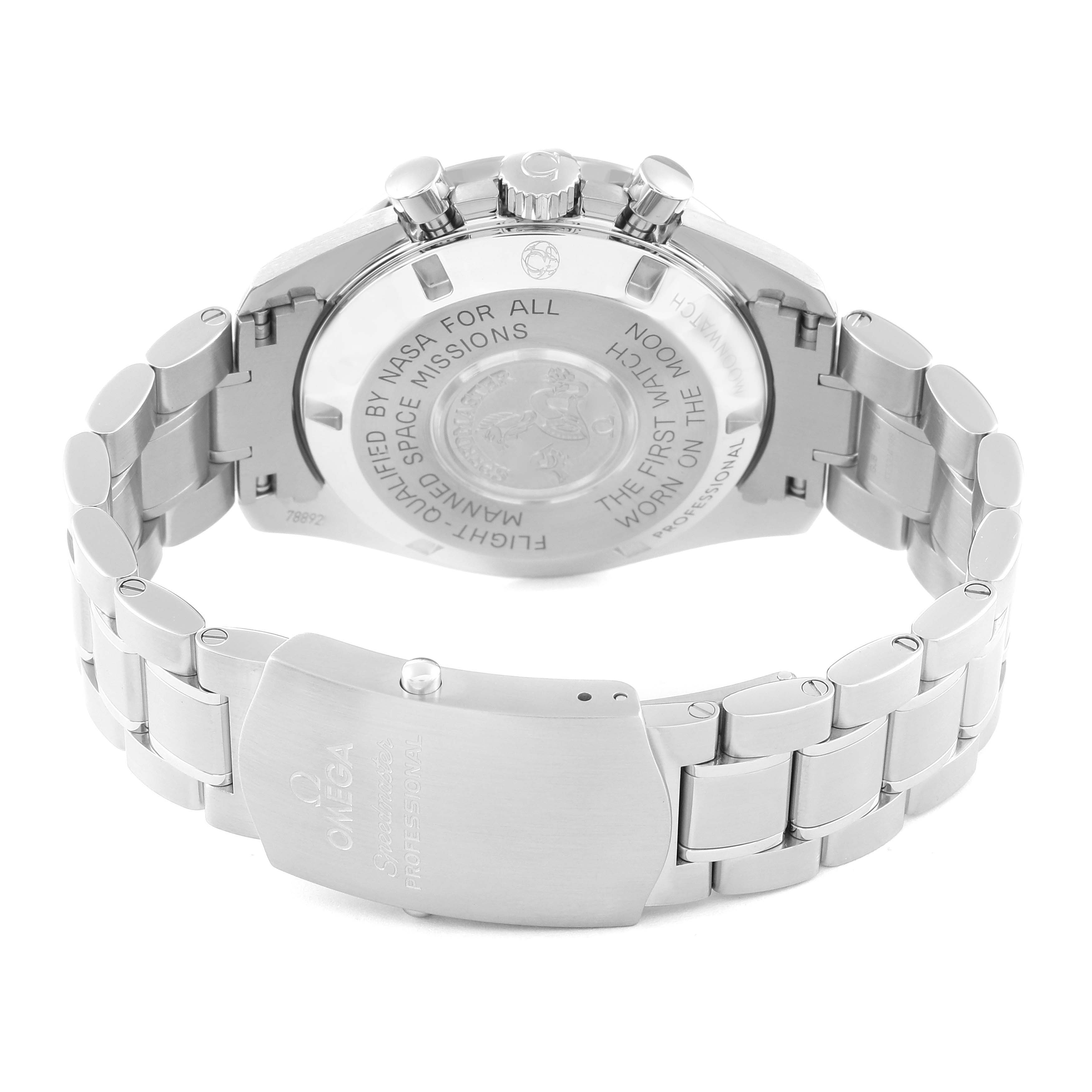 The image shows the back of the Omega Speedmaster 311.30.42.30.01.005 Men
s Stainless Steel Black Dial 311.30.42.30.01.005 Men
s Stainless Steel Black Dial watch, including the clasp and engraved case back details.