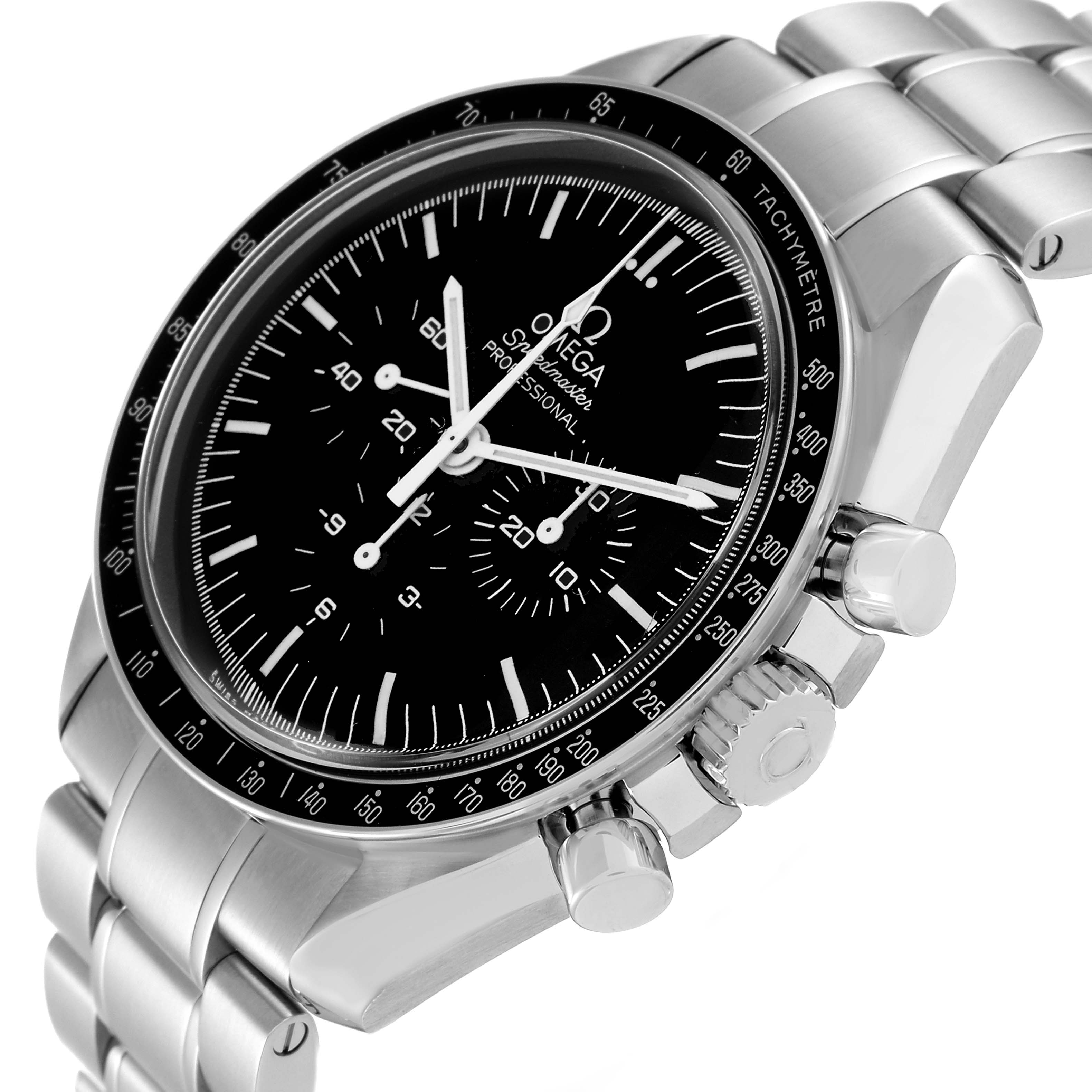 The Omega Speedmaster 311.30.42.30.01.005 Men
s Stainless Steel Black Dial 311.30.42.30.01.005 Men
s Stainless Steel Black Dial watch is shown from a three-quarter angle, highlighting its dial, bezel, buttons, and bracelet.