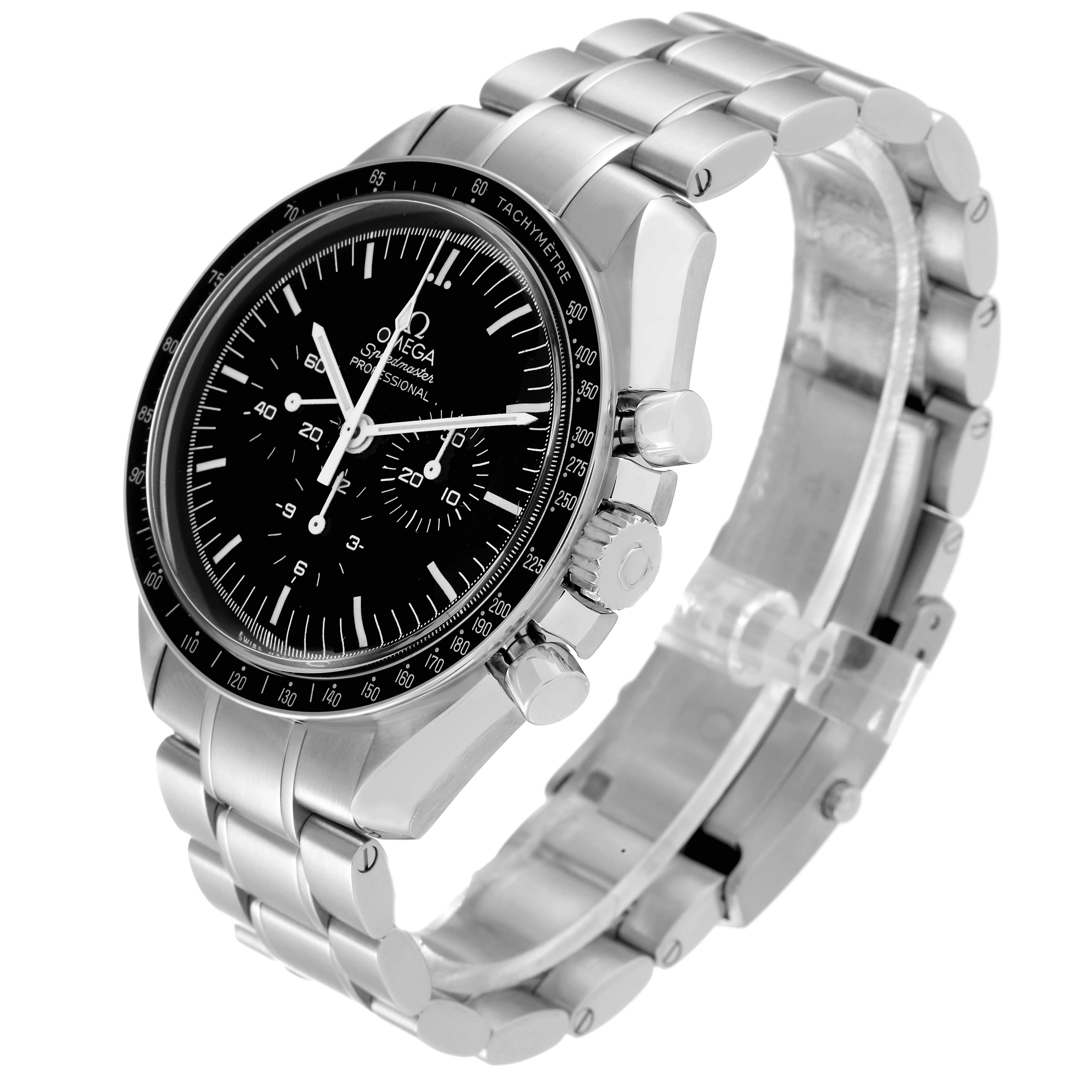 The image shows a side angle view of the Omega Speedmaster 311.30.42.30.01.005 Men
s Stainless Steel Black Dial 311.30.42.30.01.005 Men
s Stainless Steel Black Dial watch, displaying its dial, crown, pushers, and stainless steel bracelet.