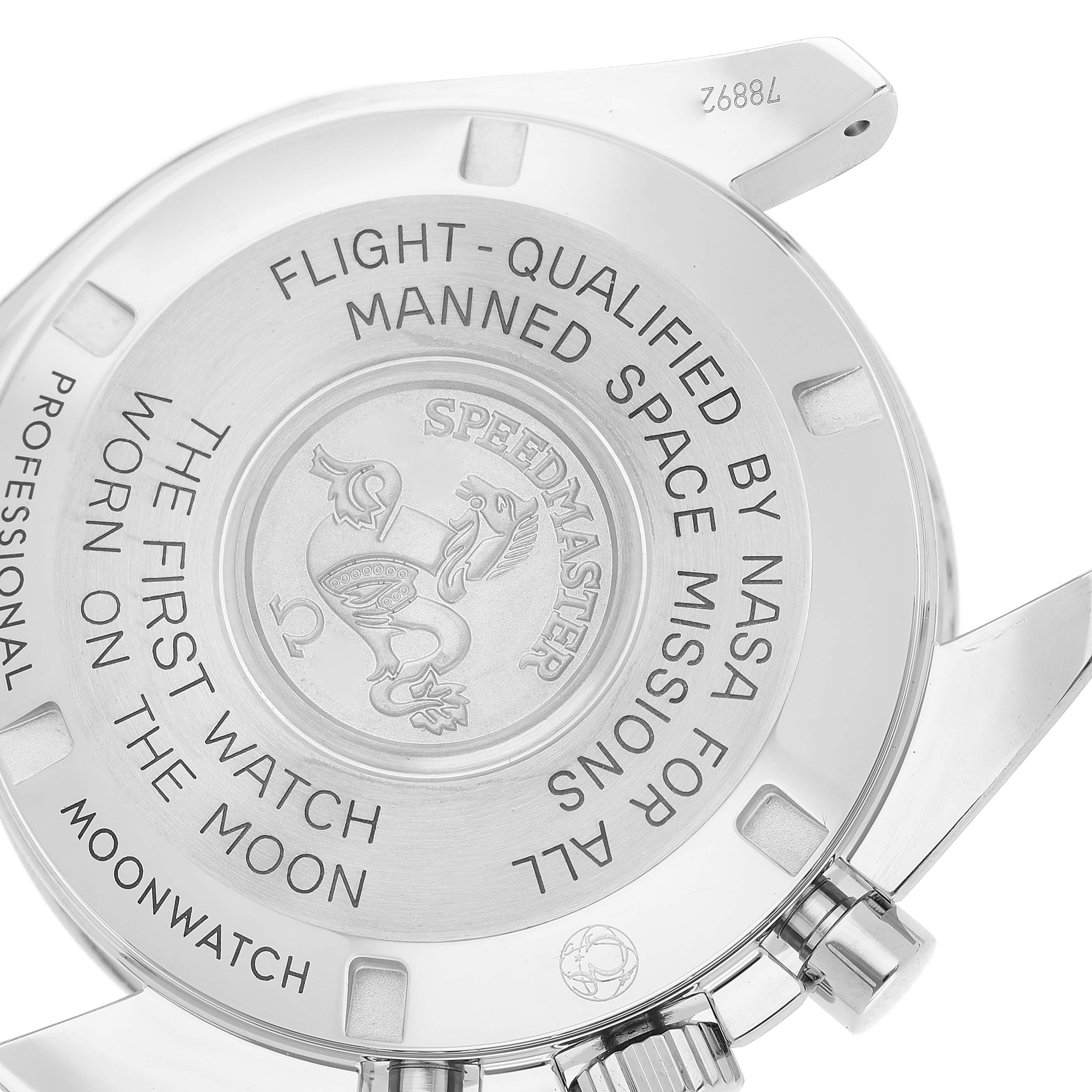 The image shows the case back of an Omega Speedmaster 311.30.42.30.01.005 Men
s Stainless Steel Black Dial 311.30.42.30.01.005 Men
s Stainless Steel Black Dial, displaying engravings and part of the crown and pushers.