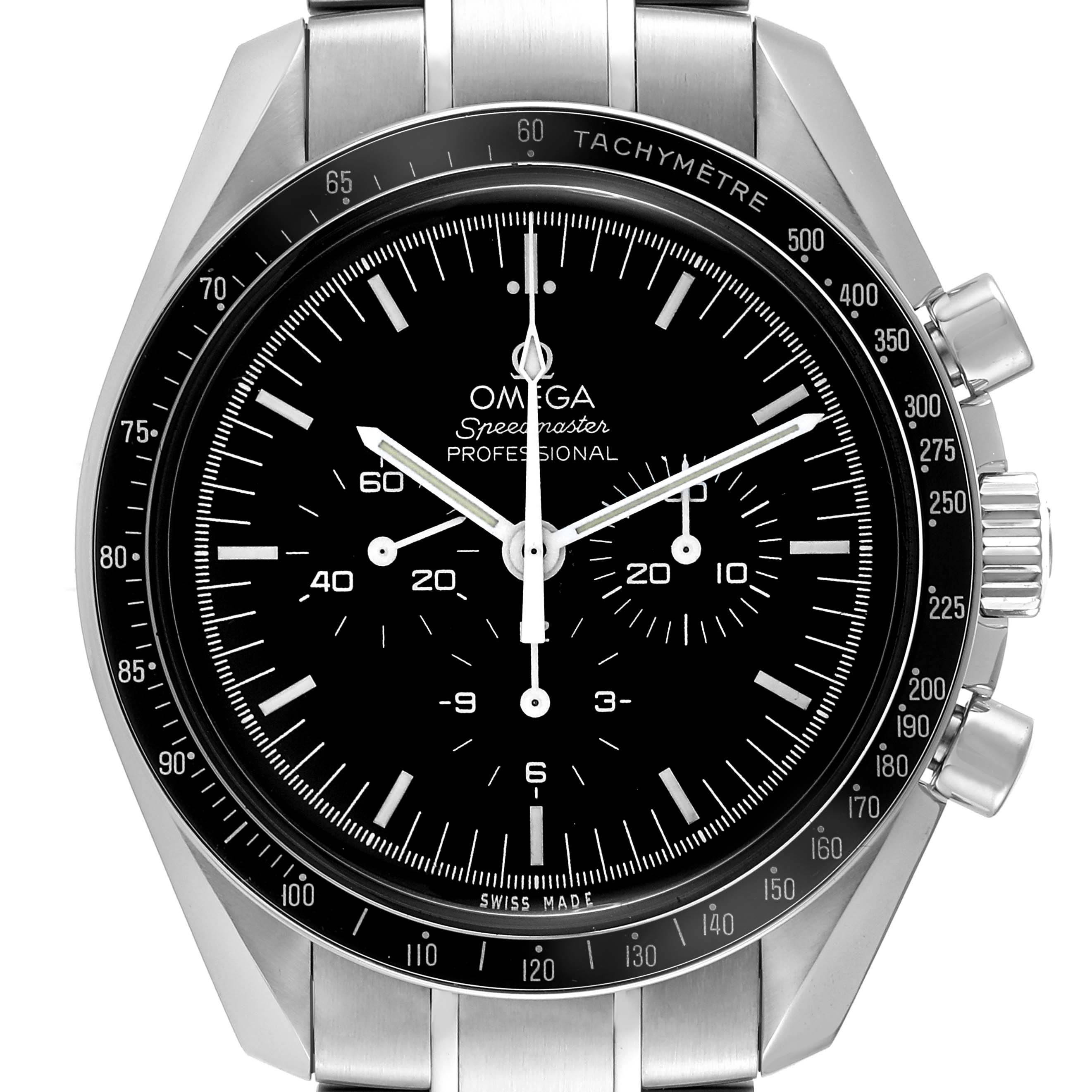 The image shows a front view of an Omega Speedmaster 311.30.42.30.01.005 Men
s Stainless Steel Black Dial 311.30.42.30.01.005 Men
s Stainless Steel Black Dial watch model, highlighting its dial, tachymeter bezel, and metal bracelet.