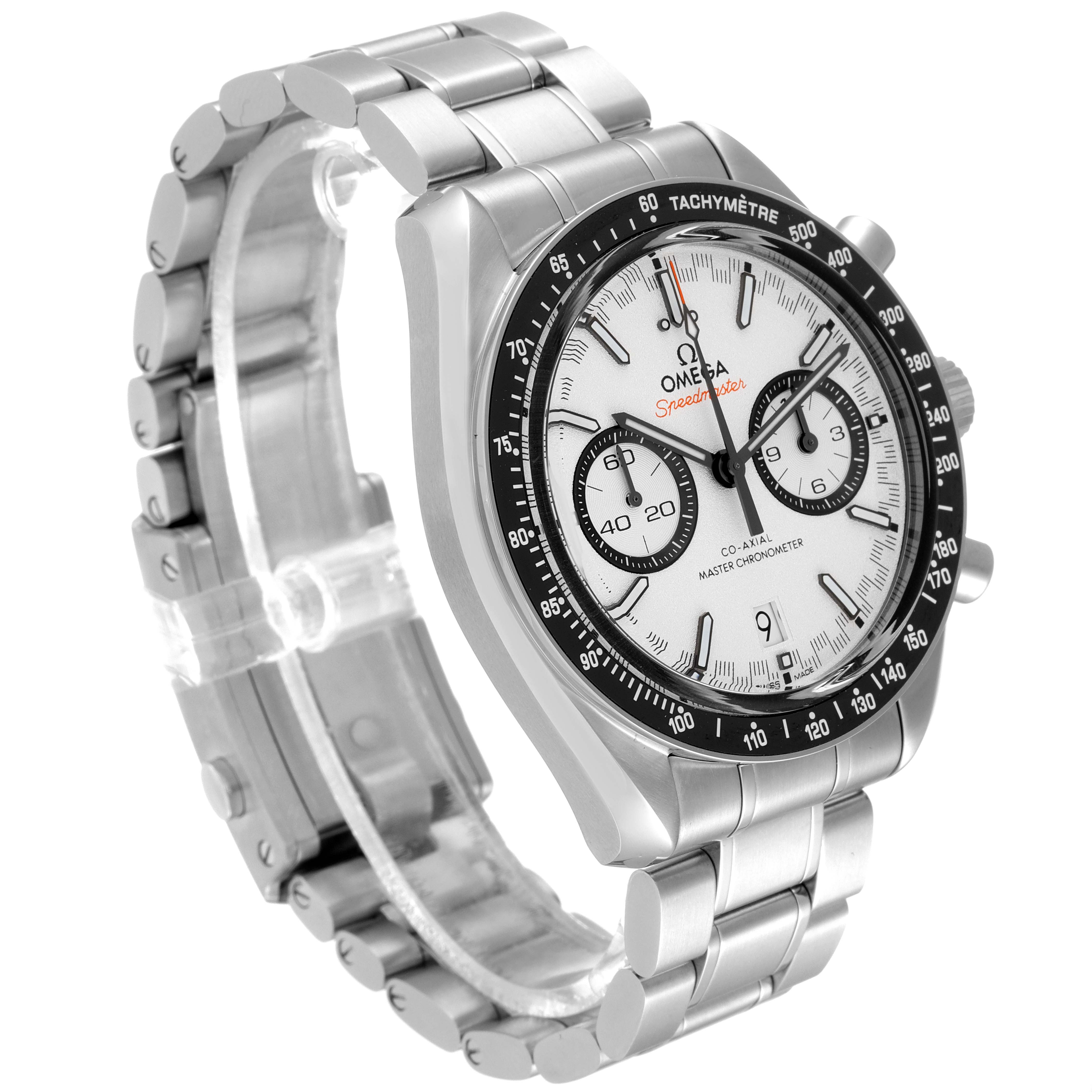 The image shows an angled view of an Omega Speedmaster 329.30.44.51.04.001 Men
s Stainless Steel White Dial 329.30.44.51.04.001 Men
s Stainless Steel White Dial watch, highlighting its dial, bezel, and bracelet.
