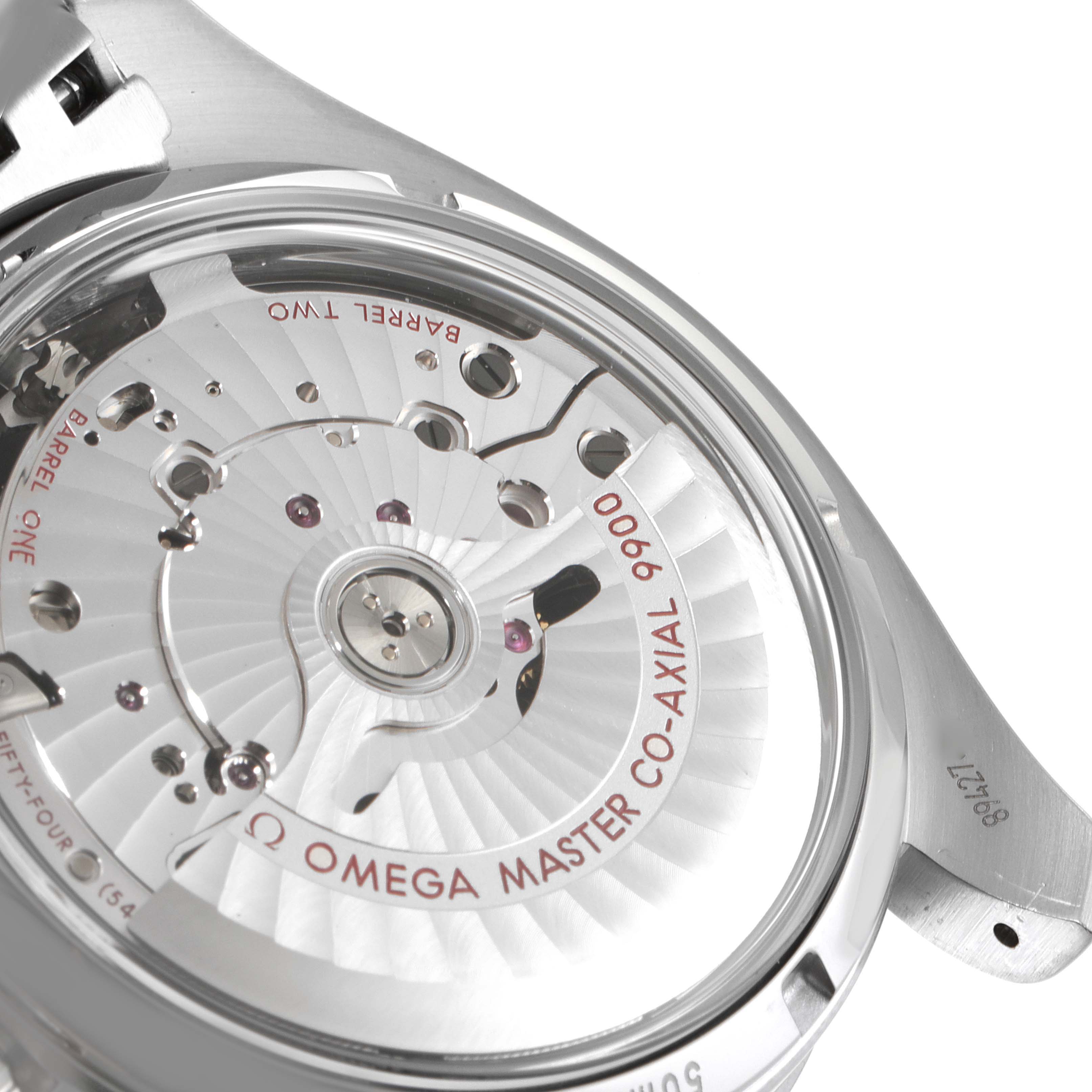 The image shows the back view of an Omega Speedmaster 329.30.44.51.04.001 Men
s Stainless Steel White Dial 329.30.44.51.04.001 Men
s Stainless Steel White Dial watch, focusing on its visible movement mechanism.