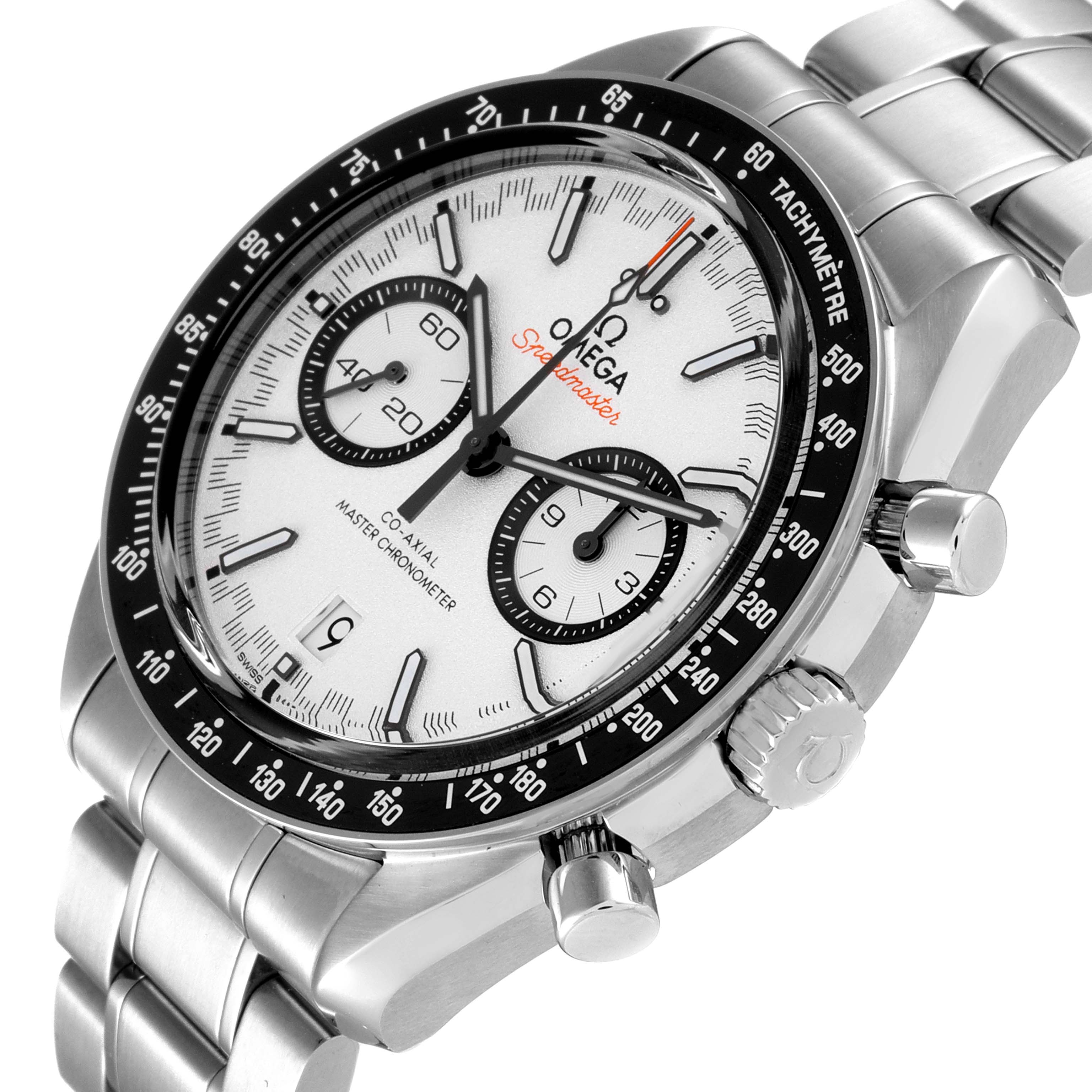 This image shows an angled view of an Omega Speedmaster 329.30.44.51.04.001 Men
s Stainless Steel White Dial 329.30.44.51.04.001 Men
s Stainless Steel White Dial watch displaying the face, bezel, crown, and part of the bracelet.