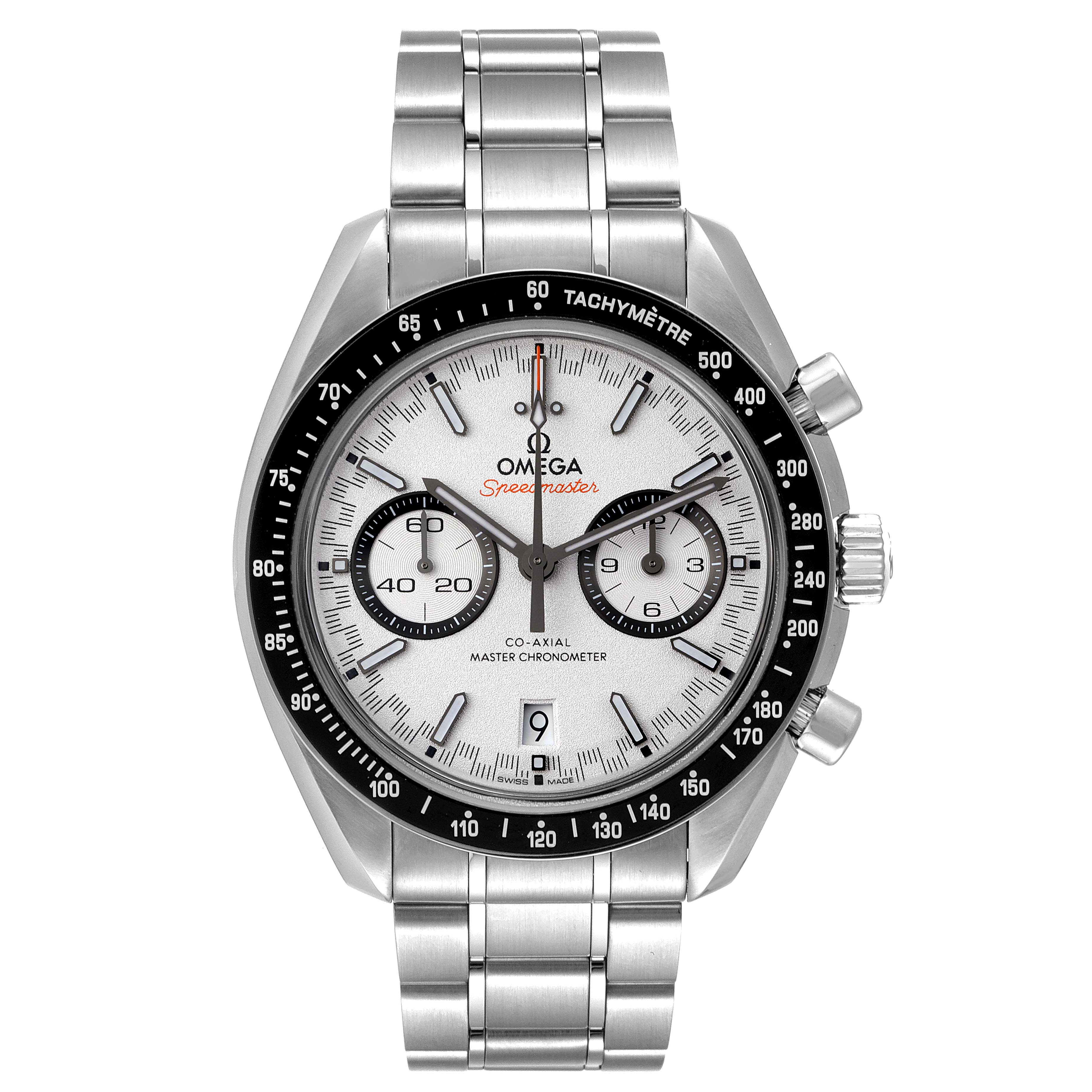 The Omega Speedmaster 329.30.44.51.04.001 Men
s Stainless Steel White Dial 329.30.44.51.04.001 Men
s Stainless Steel White Dial watch is shown from a front view, highlighting its dial, tachymeter bezel, and stainless steel bracelet.