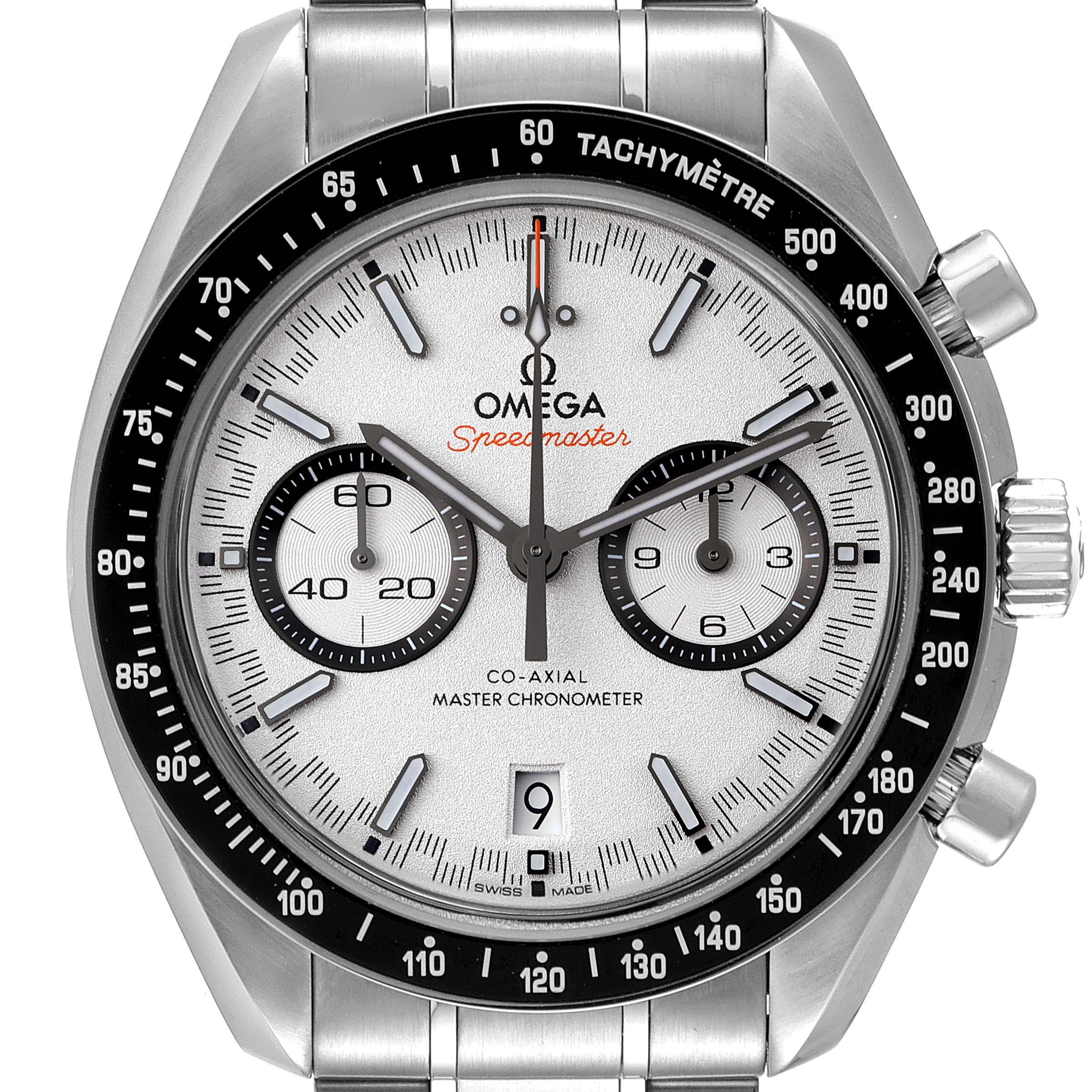 The image shows a front view of the Omega Speedmaster 329.30.44.51.04.001 Men
s Stainless Steel White Dial 329.30.44.51.04.001 Men
s Stainless Steel White Dial watch, highlighting its dial, chronograph subdials, and tachymeter bezel.