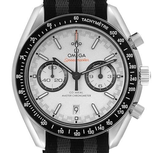 The Omega Speedmaster watch is shown from the front, displaying the dial, bezel, and crown.