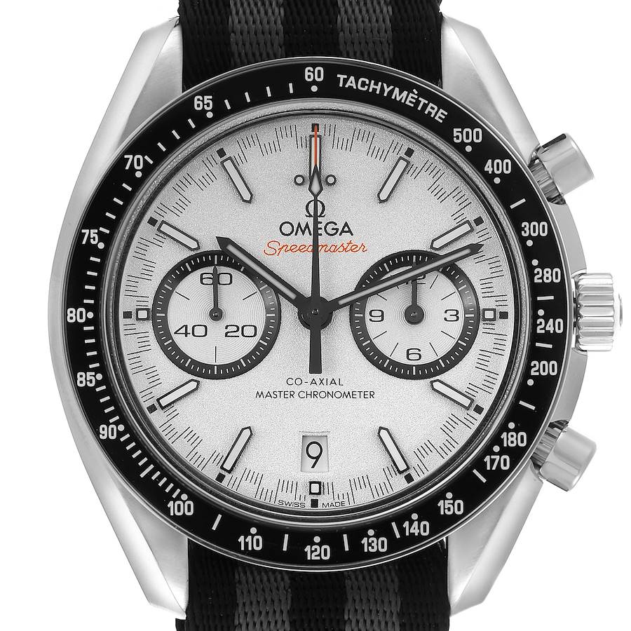 The Omega Speedmaster watch is shown from a front view, highlighting the dial, tachymeter bezel, and pushers.