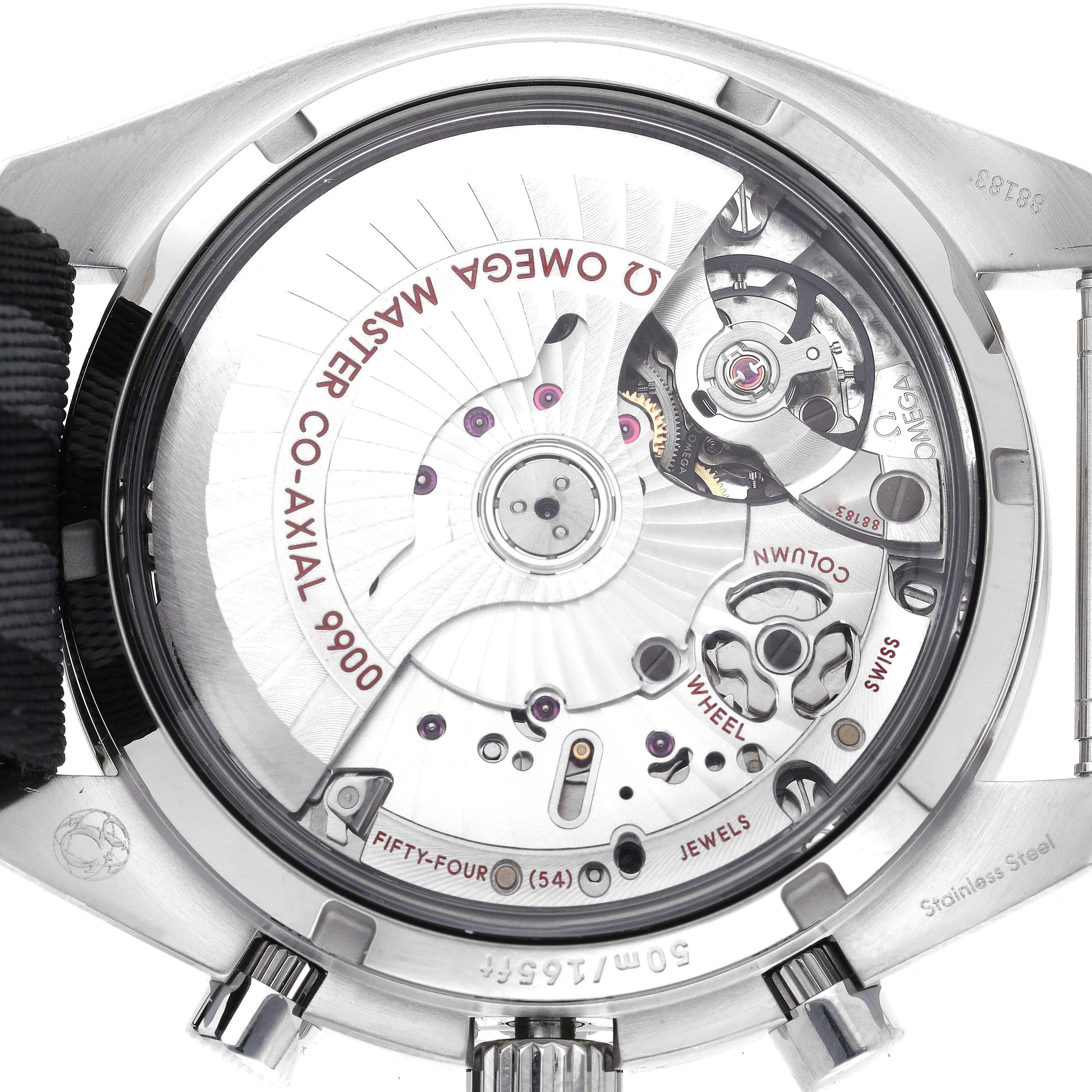 The Omega Speedmaster 329.30.44.51.04.001 Men
s Stainless Steel Silver Dial 329.30.44.51.04.001 Men
s Stainless Steel Silver Dial is shown from the back, displaying its Co-Axial 9900 movement and internal mechanisms.