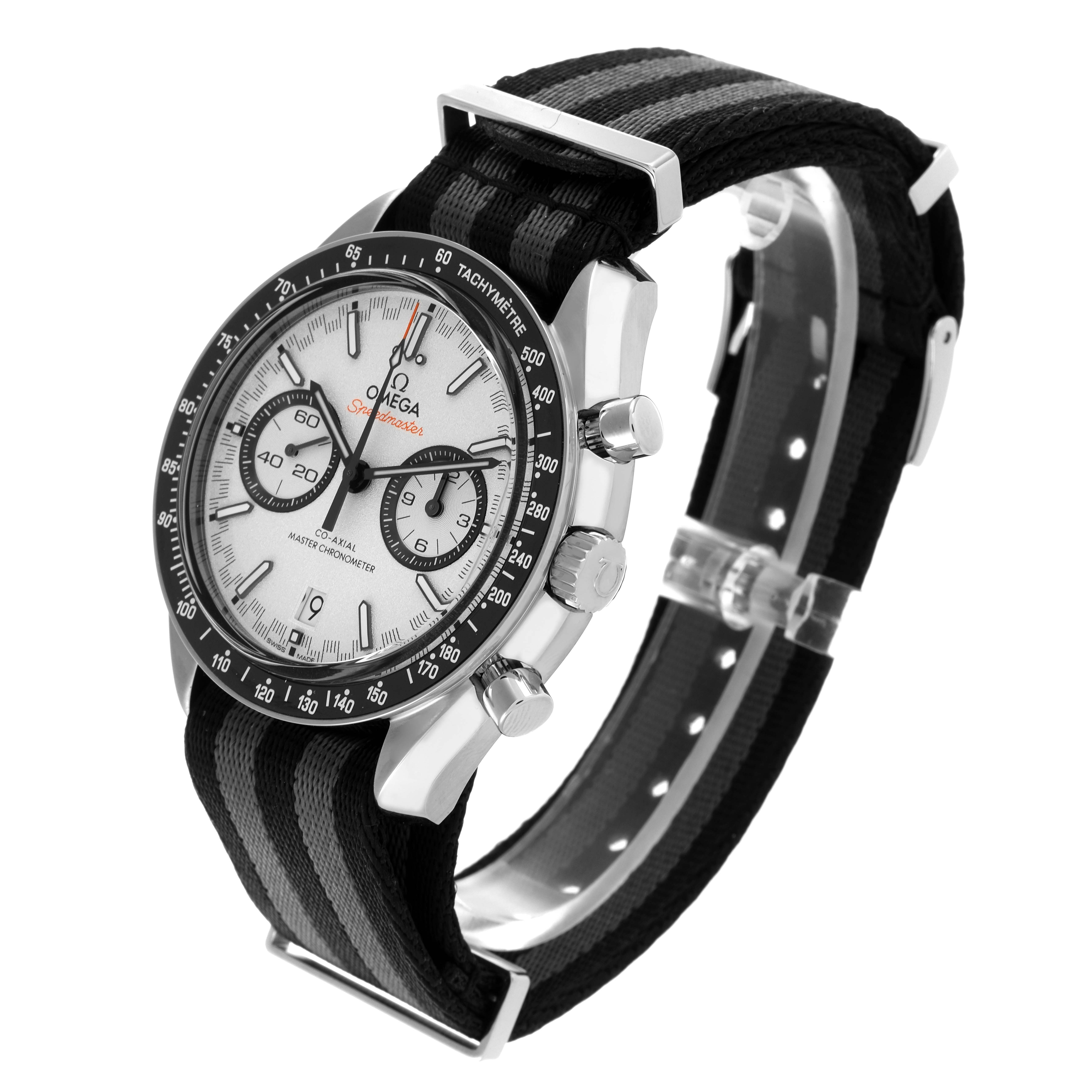 The Omega Speedmaster 329.30.44.51.04.001 Men
s Stainless Steel Silver Dial 329.30.44.51.04.001 Men
s Stainless Steel Silver Dial watch is shown at an angled side view, highlighting the case, bezel, crown, and strap.