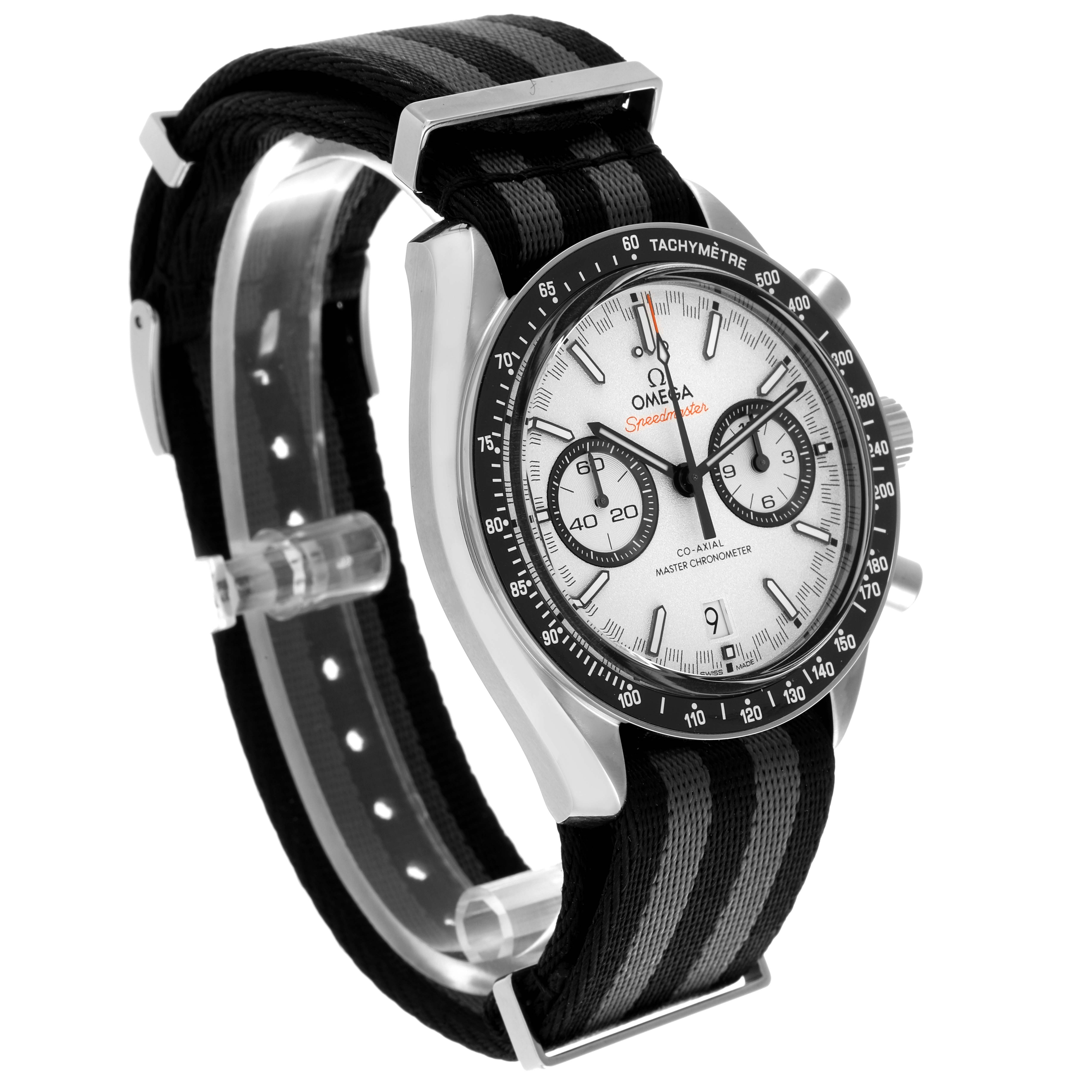 The Omega Speedmaster 329.30.44.51.04.001 Men
s Stainless Steel Silver Dial 329.30.44.51.04.001 Men
s Stainless Steel Silver Dial watch is shown at a slight angle, displaying the face, bezel, chronograph dials, and black strap.