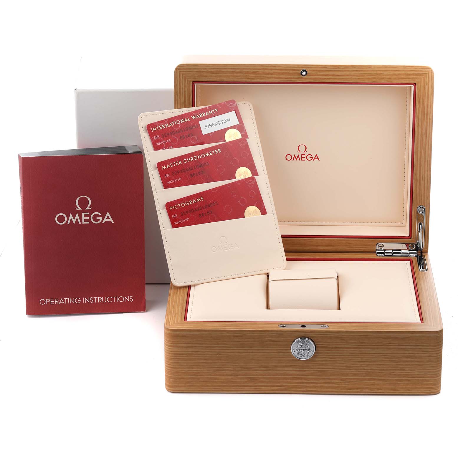 The image shows Omega Speedmaster 329.30.44.51.04.001 Men
s Stainless Steel Silver Dial 329.30.44.51.04.001 Men
s Stainless Steel Silver Dial accessories: a box, warranty cards, and operating instructions, all from a front angle.