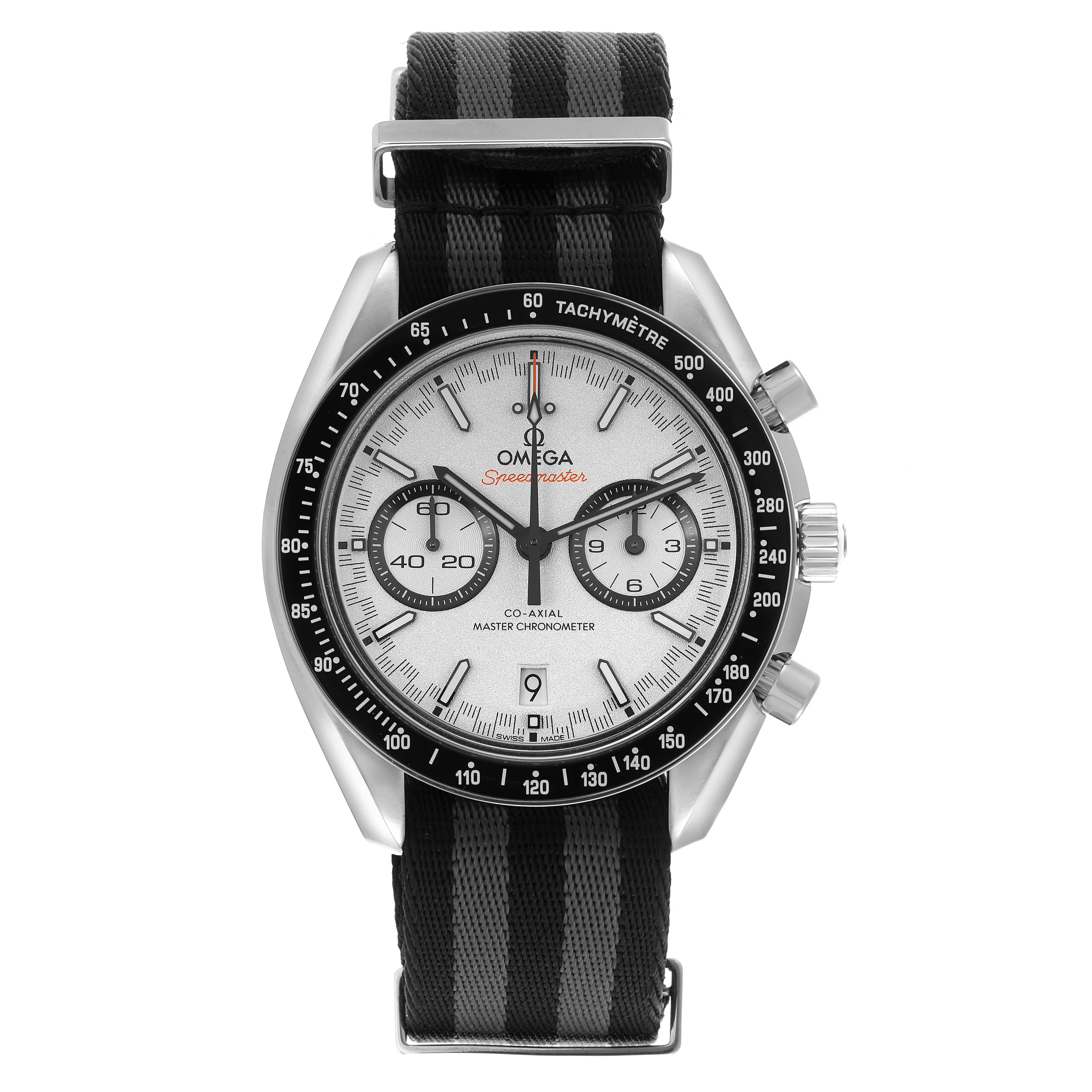 This Omega Speedmaster 329.30.44.51.04.001 Men
s Stainless Steel Silver Dial 329.30.44.51.04.001 Men
s Stainless Steel Silver Dial watch is shown from a front view, displaying the face, bezel, and strap.