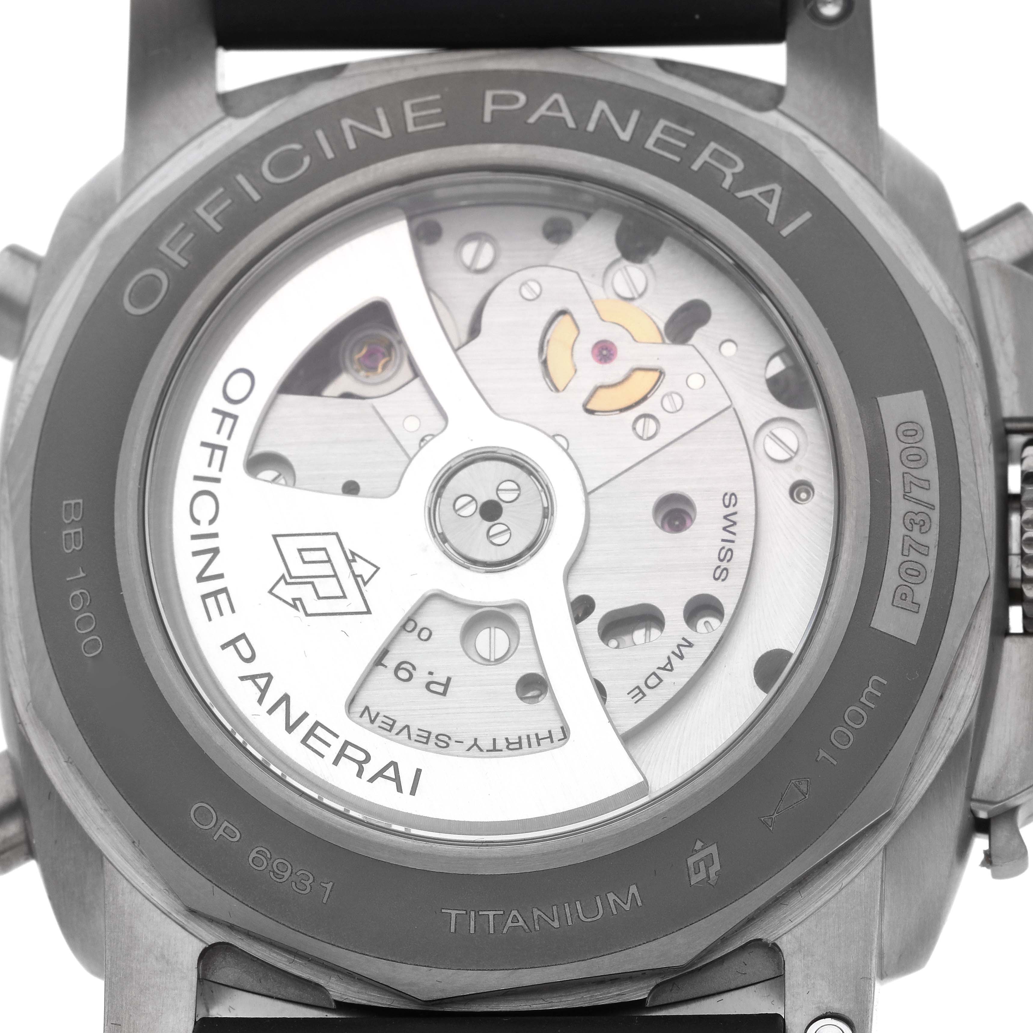 The image shows the back of a Panerai Luminor PAM00526 Men
s Stainless Steel Black Dial PAM00526 Men
s Stainless Steel Black Dial watch, displaying its open caseback with visible movement and engravings.