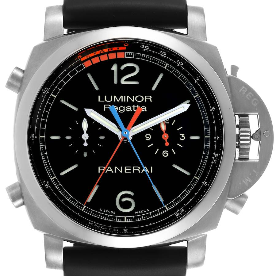 The Panerai Luminor model watch is shown from a frontal angle, highlighting the dial and crown guard.