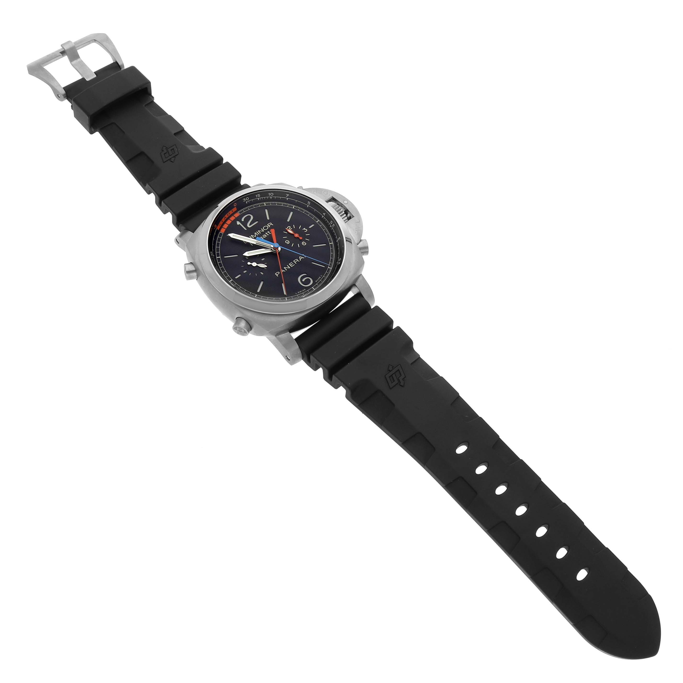 The Panerai Luminor PAM00526 Men
s Stainless Steel Black Dial PAM00526 Men
s Stainless Steel Black Dial watch is shown at a slight angle, displaying the black dial, bezel, case, crown, and black rubber strap.