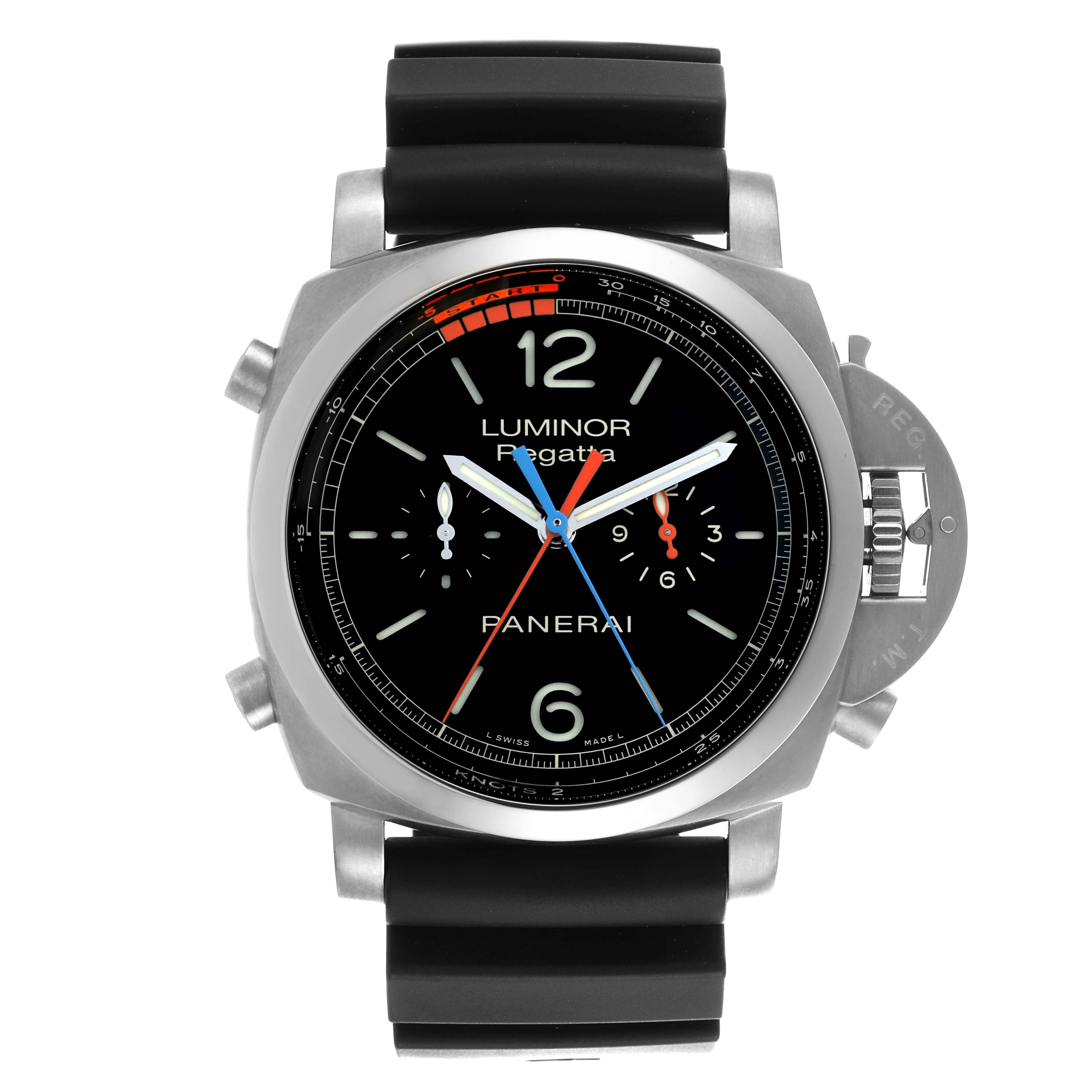 The Panerai Luminor PAM00526 Men
s Stainless Steel Black Dial PAM00526 Men
s Stainless Steel Black Dial model is shown from the front, displaying its face, crown guard, and strap.