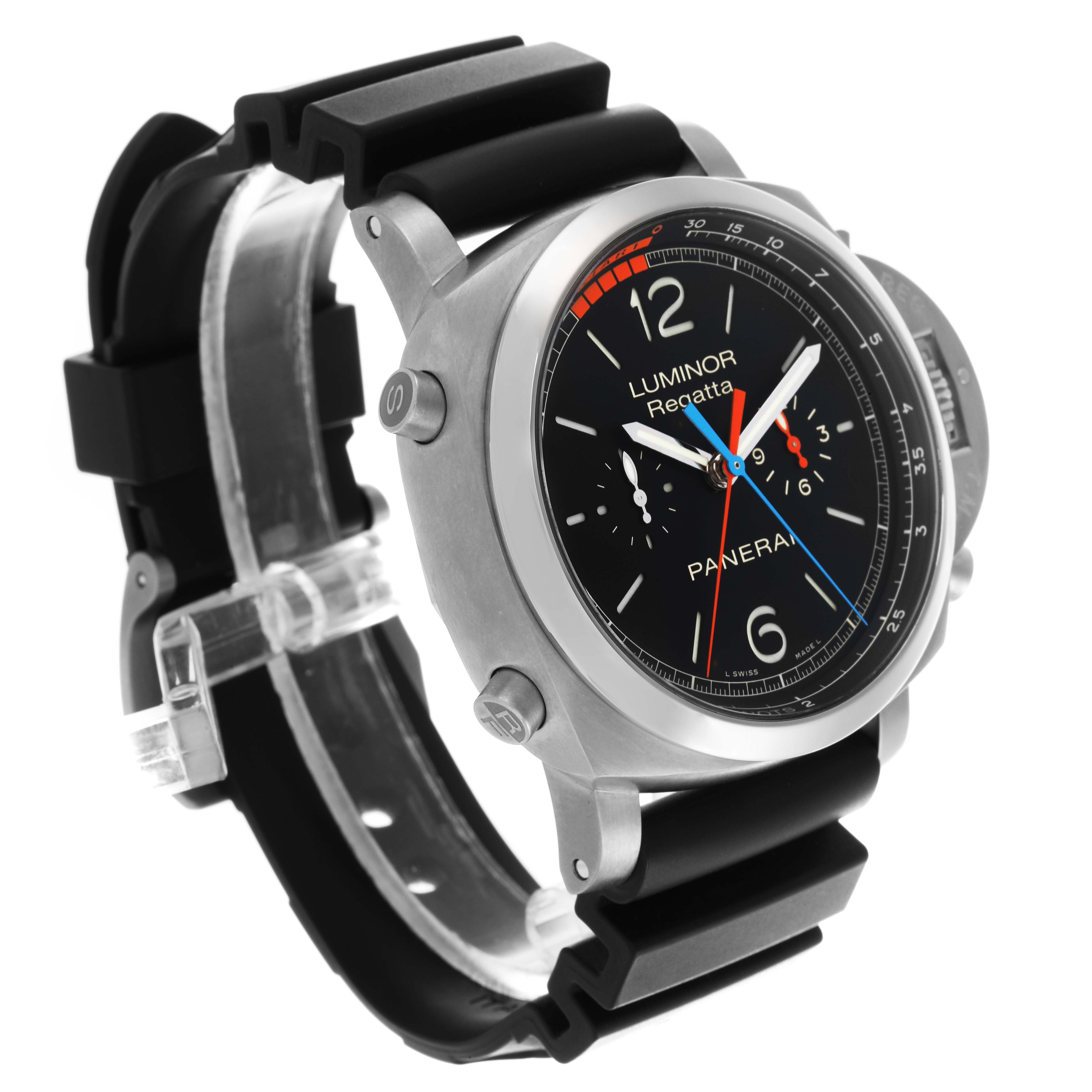 The Panerai Luminor PAM00526 Men
s Stainless Steel Black Dial PAM00526 Men
s Stainless Steel Black Dial model is shown from a three-quarter angle, highlighting the face, bezel, and part of the strap.