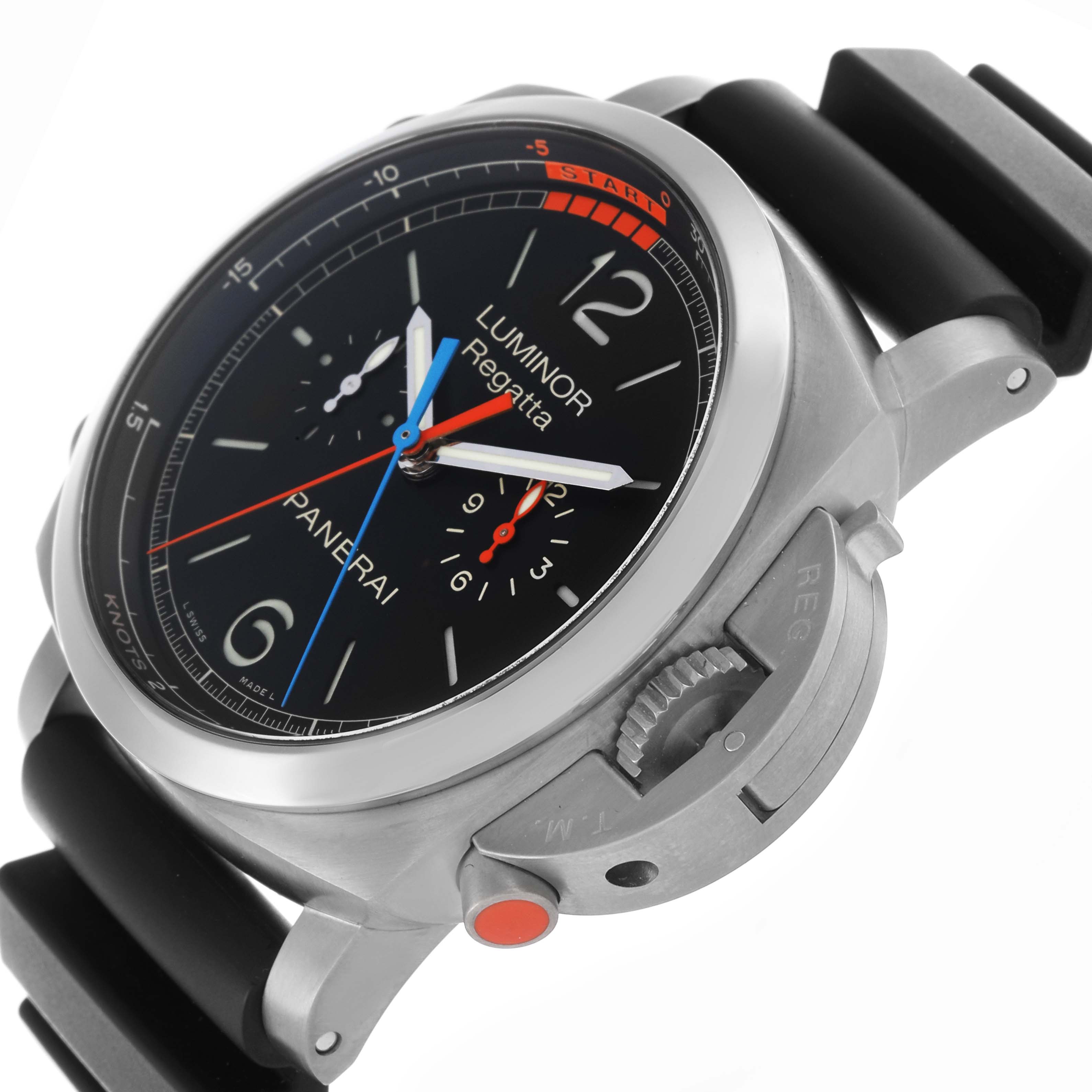 The Panerai Luminor PAM00526 Men
s Stainless Steel Black Dial PAM00526 Men
s Stainless Steel Black Dial watch is shown from a side angle, highlighting the crown guard and dial details.