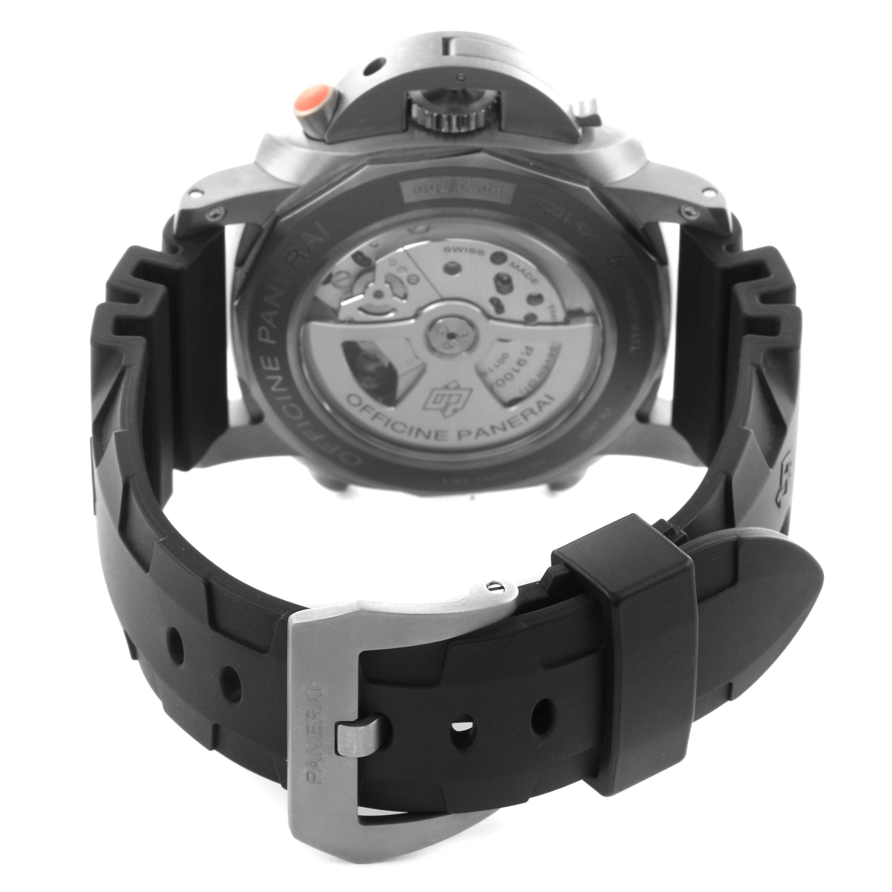 The Panerai Luminor PAM00526 Men
s Stainless Steel Black Dial PAM00526 Men
s Stainless Steel Black Dial watch is shown from the back, displaying its open case back and rubber strap with a buckle.