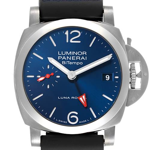 The image shows a front view of a Panerai Luminor BiTempo watch, including the dial, hands, and crown guard.