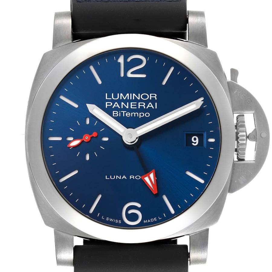 The Panerai Luminor model is shown from the front, displaying the blue dial, date, and signature crown guard.