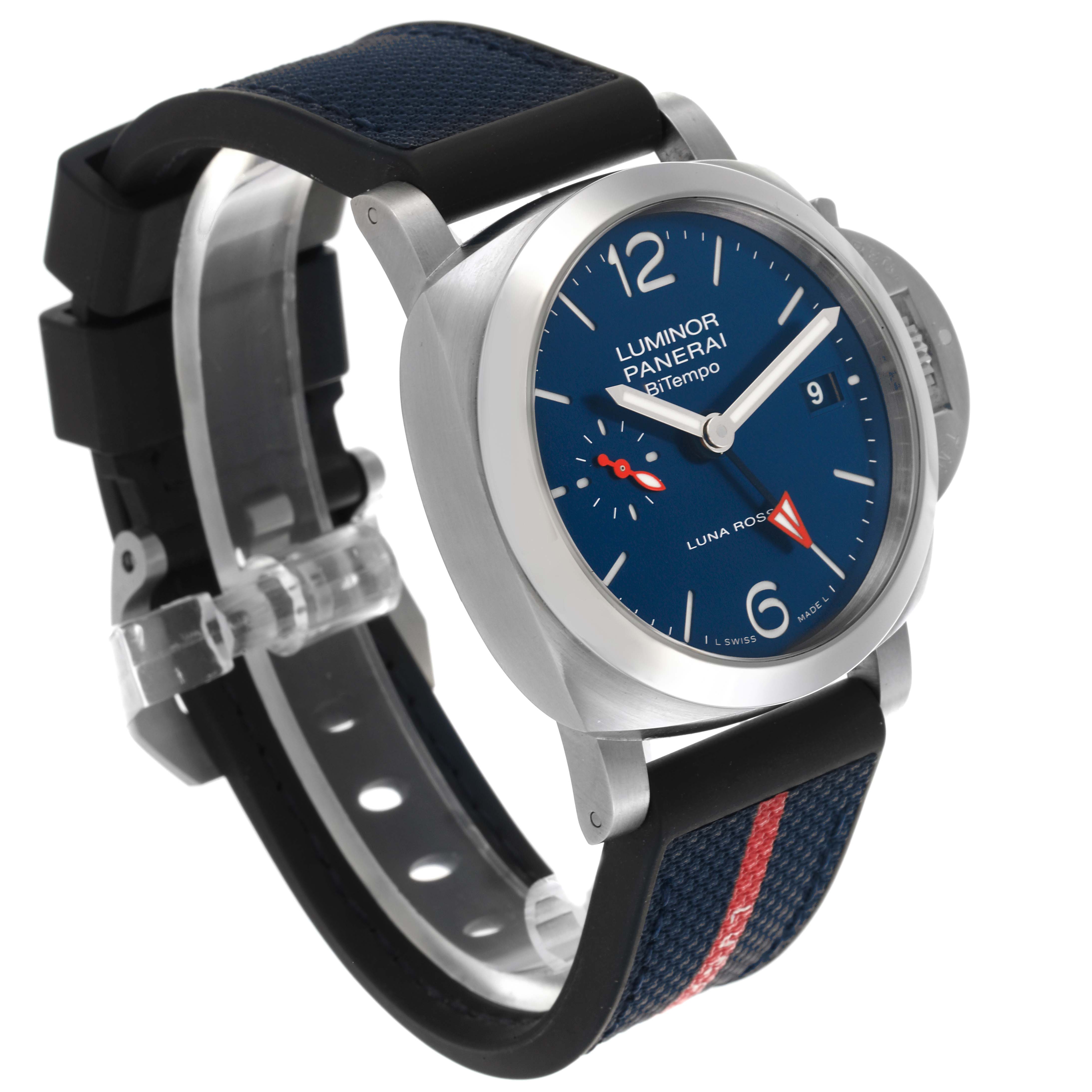 The Panerai Luminor PAM01404 Men
s Stainless Steel Blue Dial PAM01404 Men
s Stainless Steel Blue Dial watch is shown at a three-quarter angle, highlighting the dial, case, crown guard, and strap.