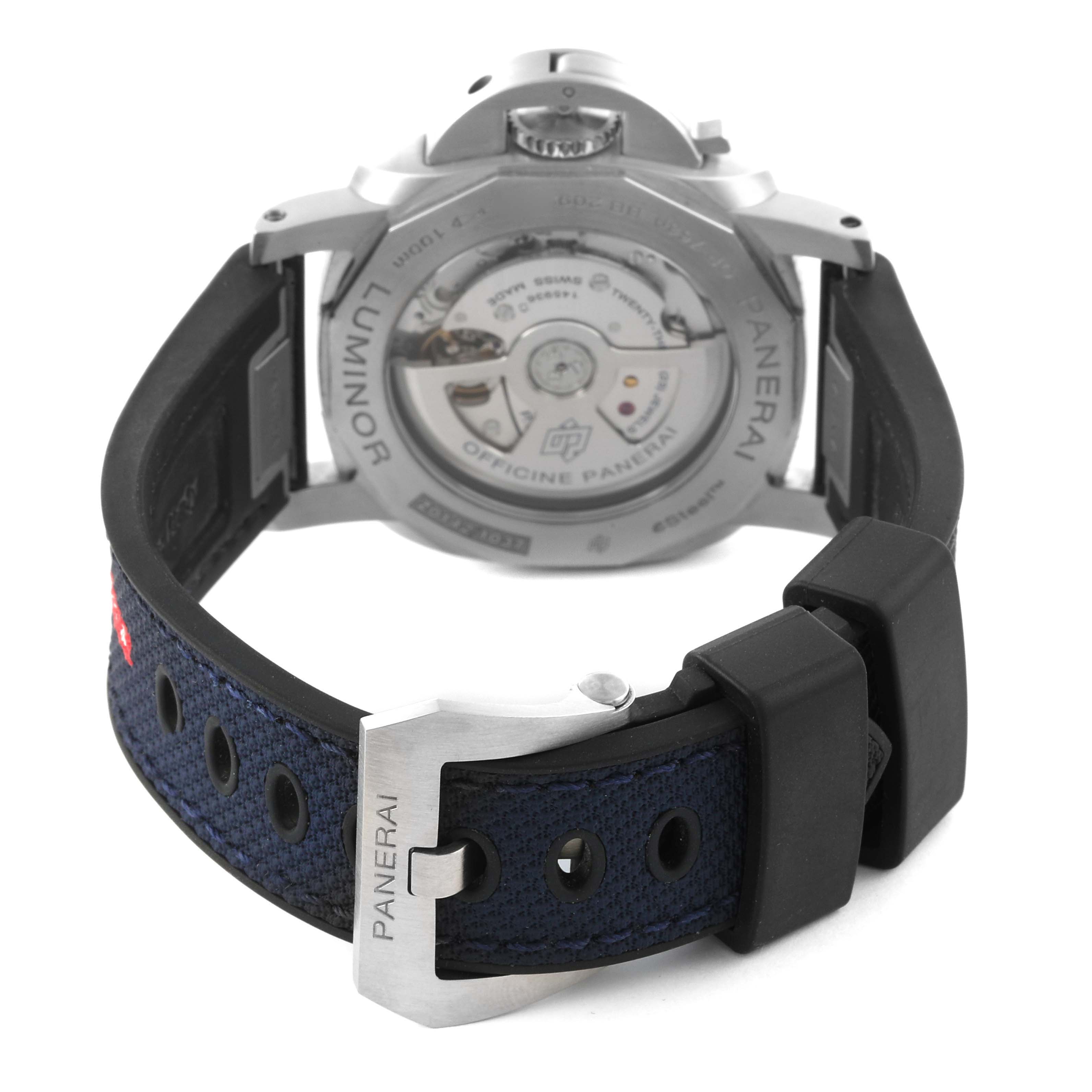 The image shows the back view of a Panerai Luminor PAM01404 Men
s Stainless Steel Blue Dial PAM01404 Men
s Stainless Steel Blue Dial watch, featuring the open case back and detailed strap buckle.