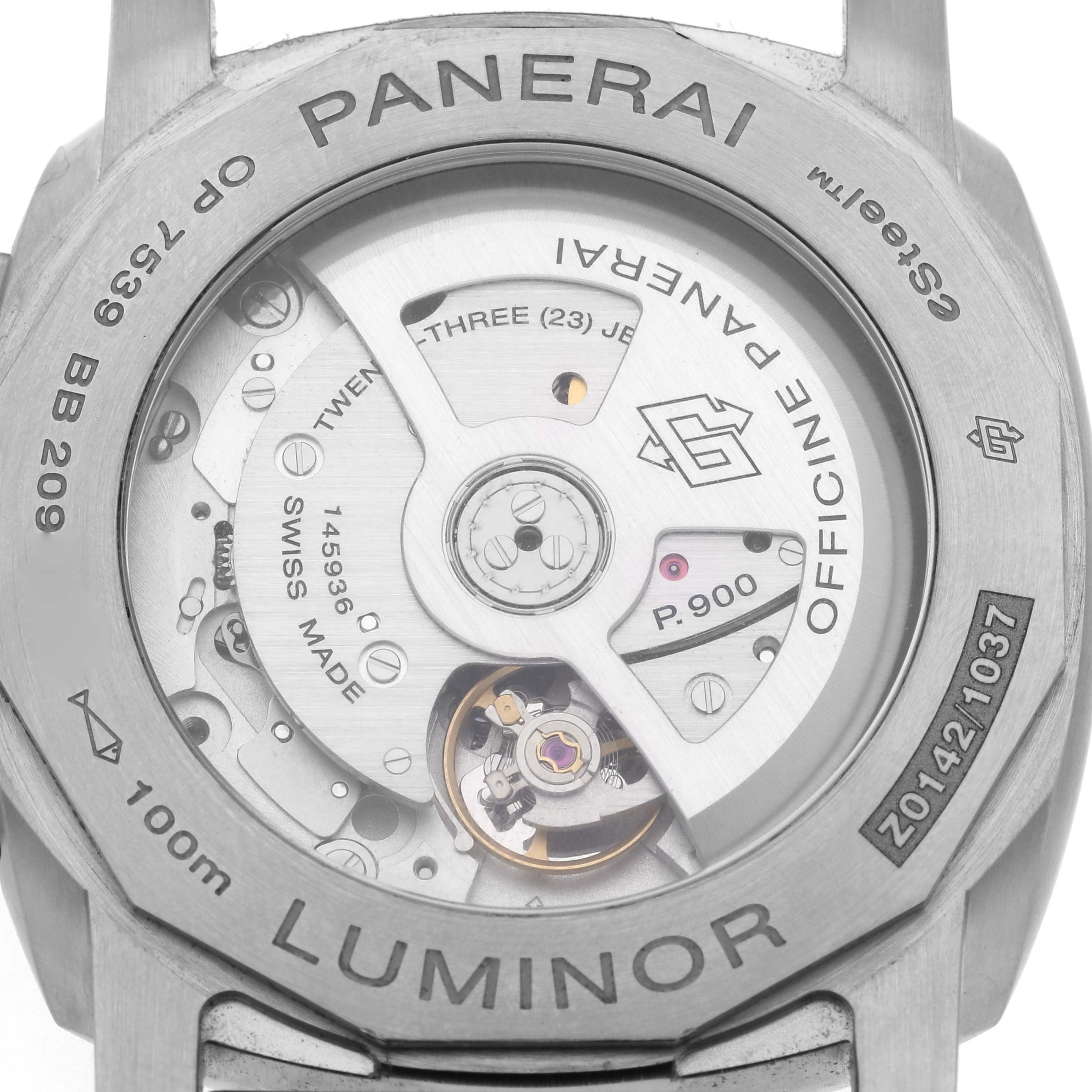 This image shows the back of a Panerai Luminor PAM01404 Men
s Stainless Steel Blue Dial PAM01404 Men
s Stainless Steel Blue Dial watch, highlighting the movement and internal components through a transparent case back.