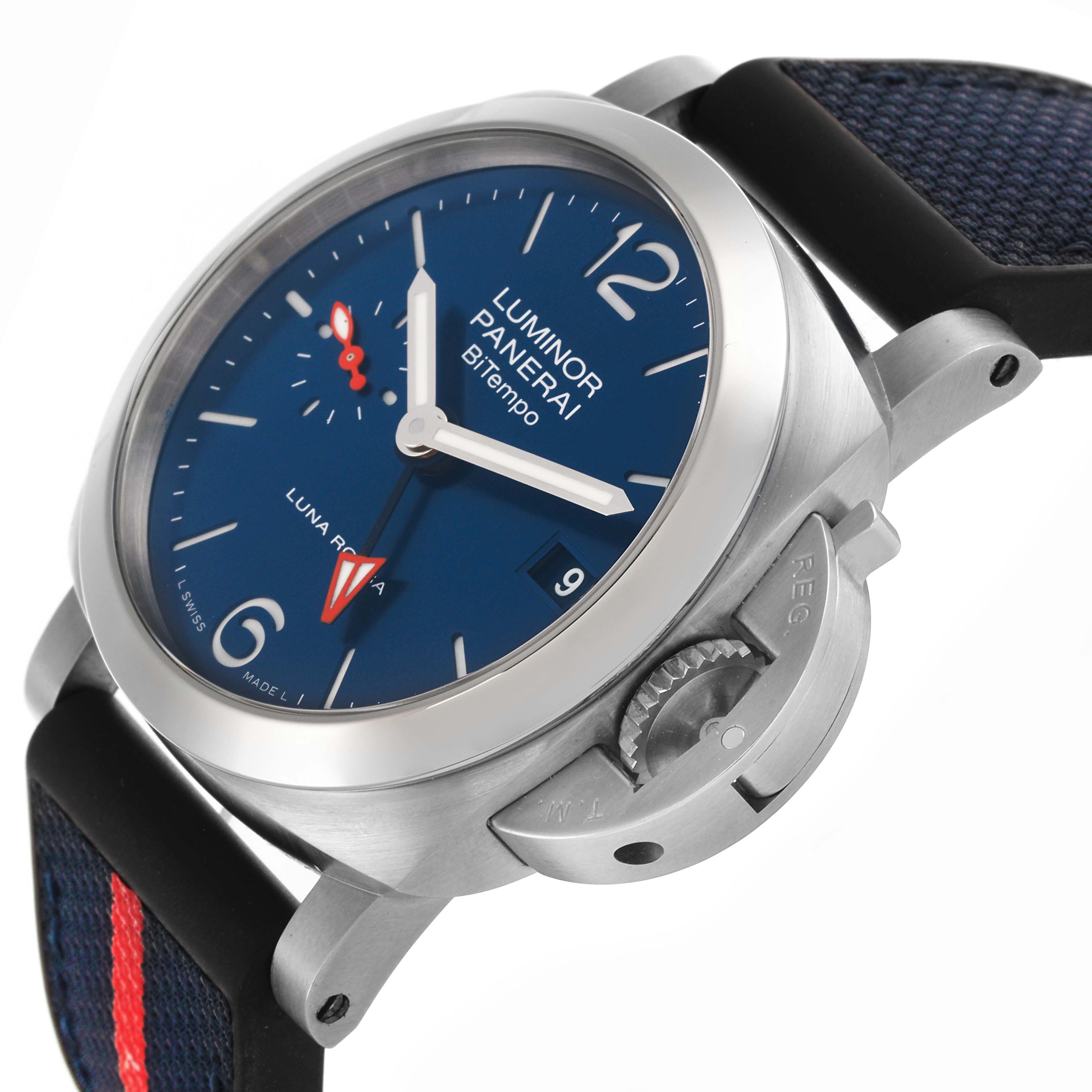 The image shows a side angle of the Panerai Luminor PAM01404 Men
s Stainless Steel Blue Dial PAM01404 Men
s Stainless Steel Blue Dial watch, highlighting the dial, crown guard, and strap.