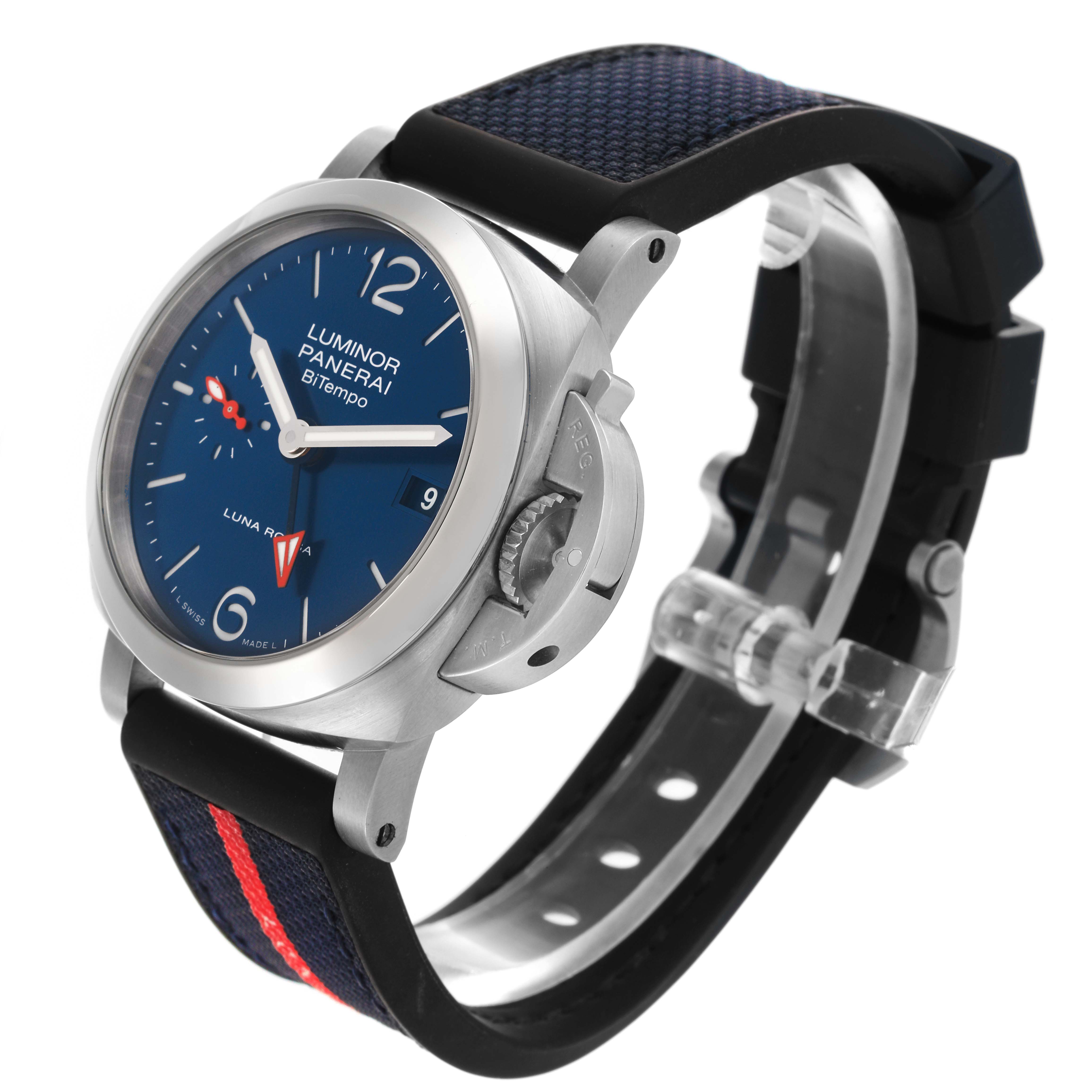 The Panerai Luminor PAM01404 Men
s Stainless Steel Blue Dial PAM01404 Men
s Stainless Steel Blue Dial watch is shown at an angled side view, displaying the face, crown guard, and strap.