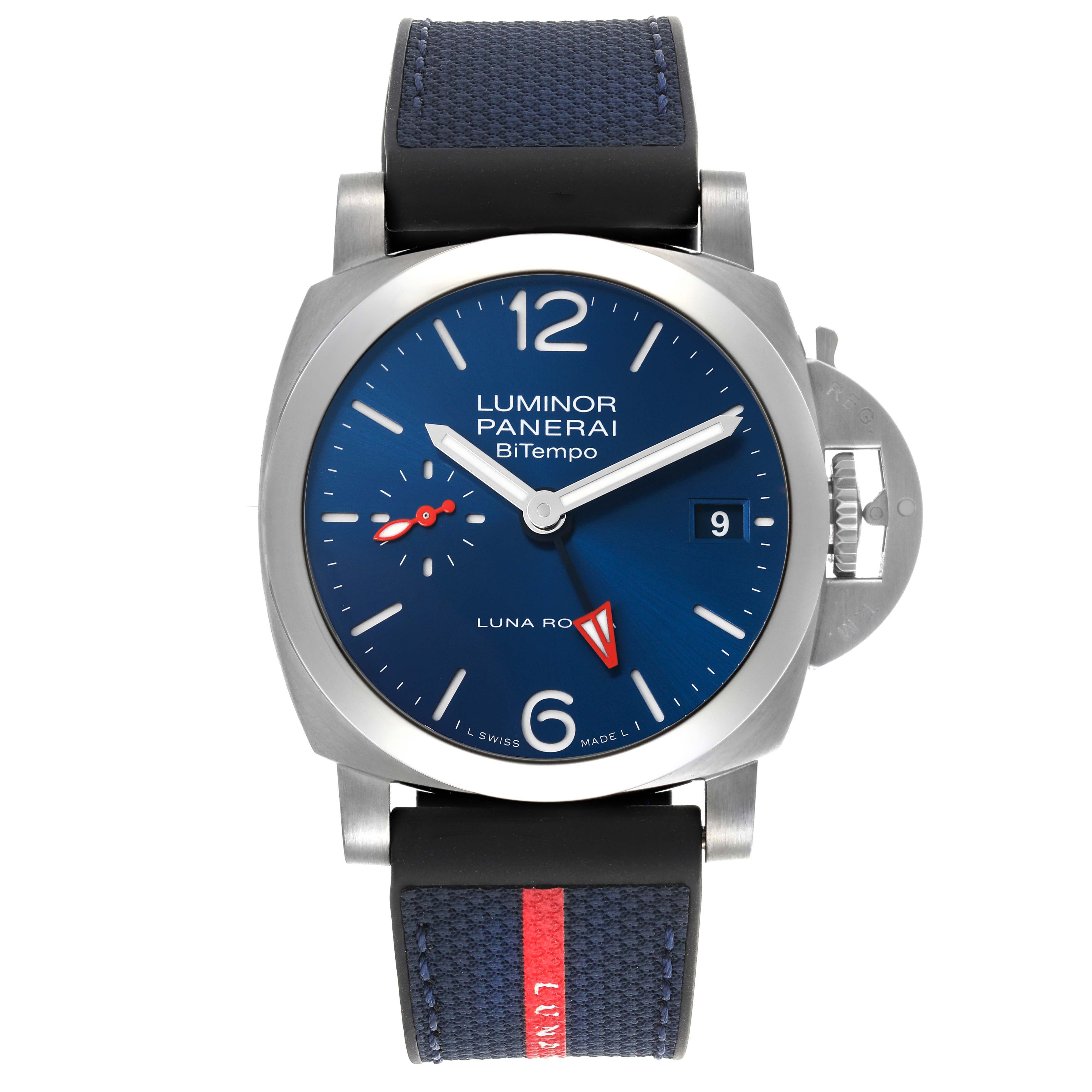 The image shows a front view of the Panerai Luminor PAM01404 Men
s Stainless Steel Blue Dial PAM01404 Men
s Stainless Steel Blue Dial BiTempo watch, featuring a blue dial and date window.