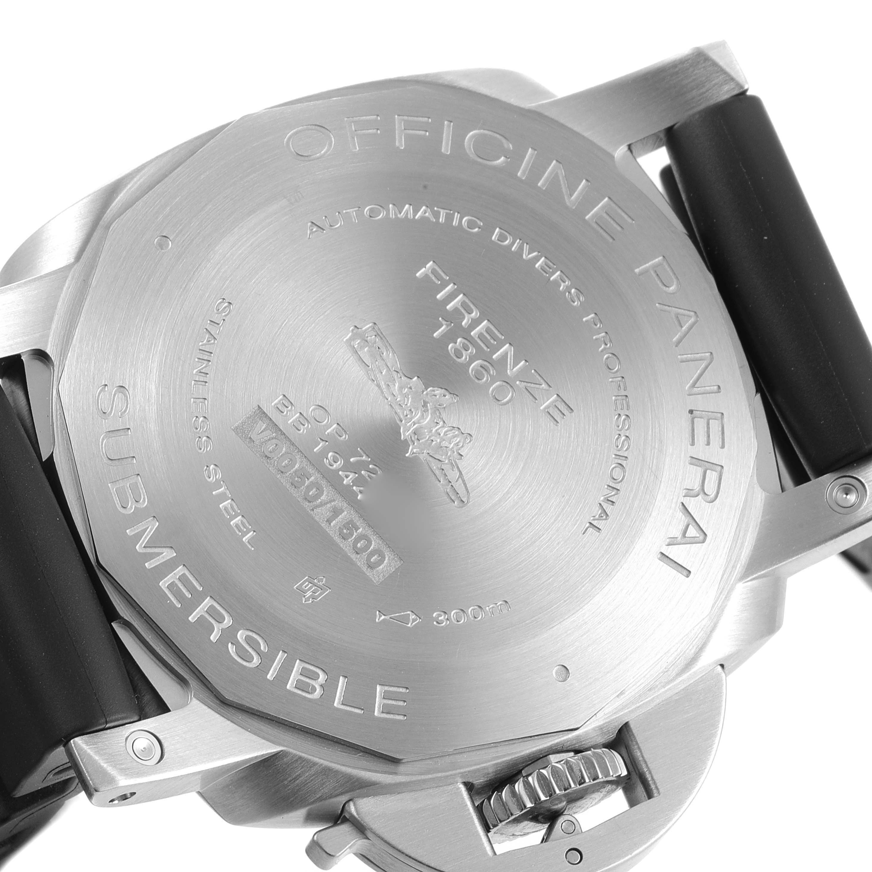 The image shows the back case and crown guard of a Panerai Submersible PAM00973 Men's Stainless Steel Black Dial PAM00973 Men's Stainless Steel Black Dial watch from an angled view.