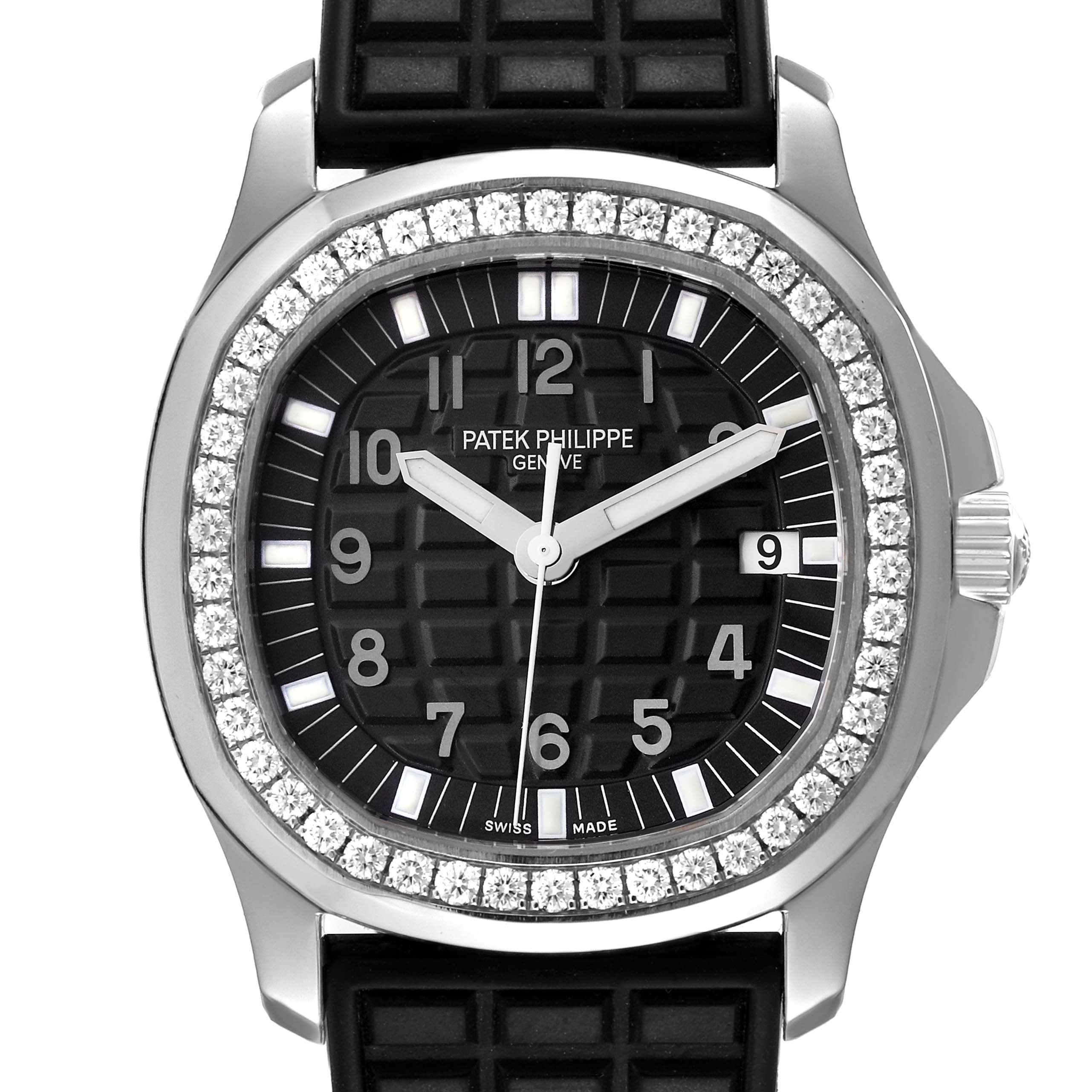 The image shows a frontal view of the Patek Philippe Aquanaut 5067 Women's Stainless Steel Black Dial 5067 Women's Stainless Steel Black Dial watch, highlighting the black dial and diamond-set bezel.