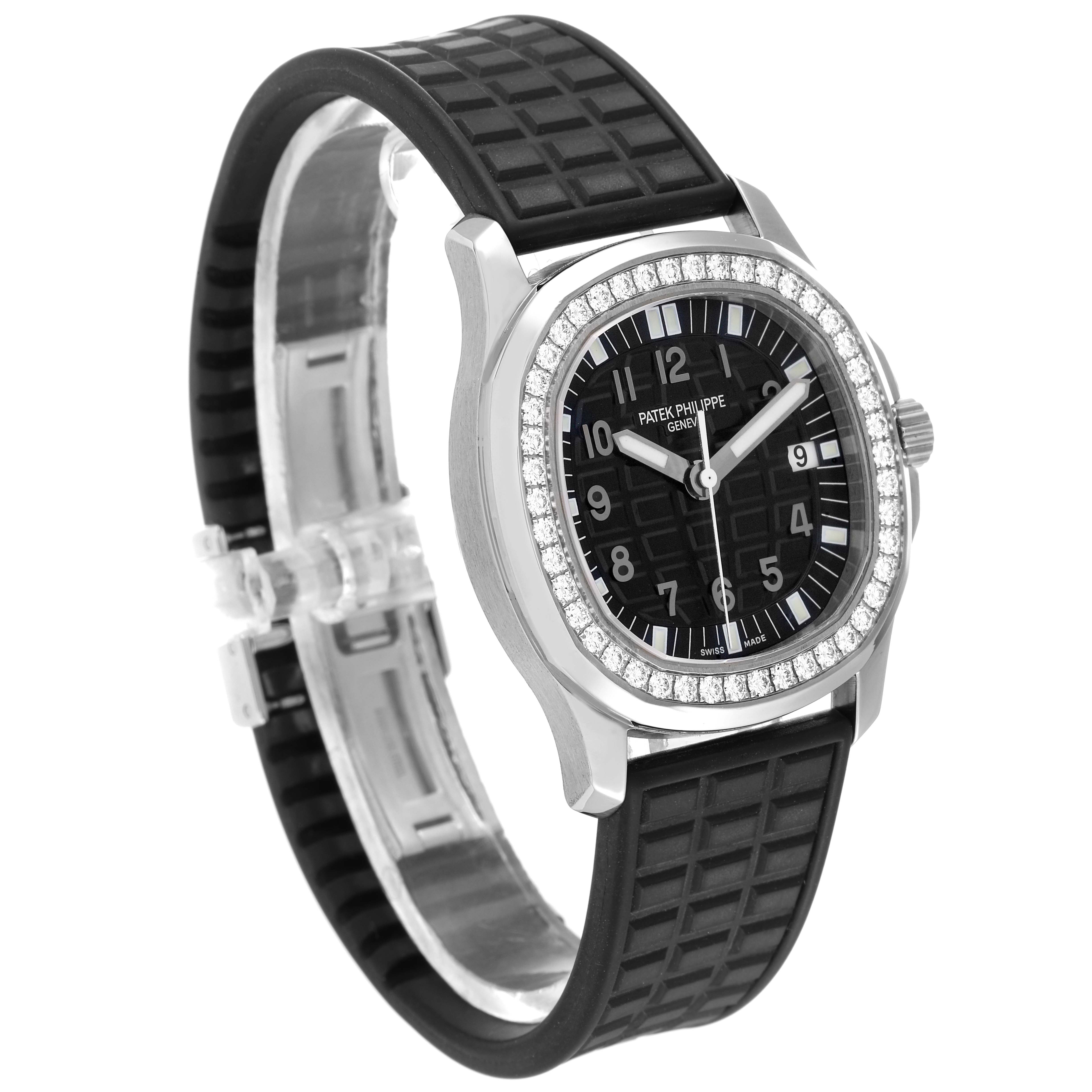 This image shows a Patek Philippe Aquanaut 5067 Women's Stainless Steel Black Dial 5067 Women's Stainless Steel Black Dial watch from a side angle, displaying the face, bezel, and part of the black rubber strap.
