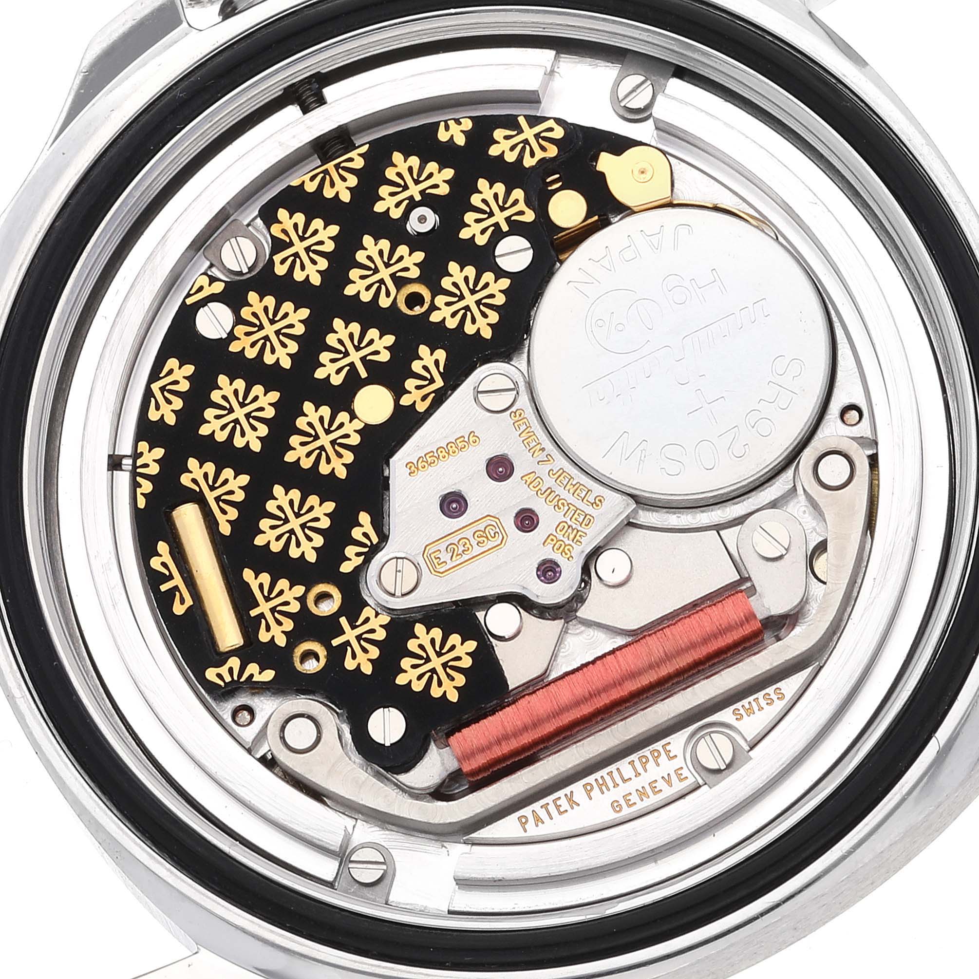 The image shows the back view of the movement of a Patek Philippe Aquanaut 5067 Women's Stainless Steel Black Dial 5067 Women's Stainless Steel Black Dial watch, revealing its intricate inner components.
