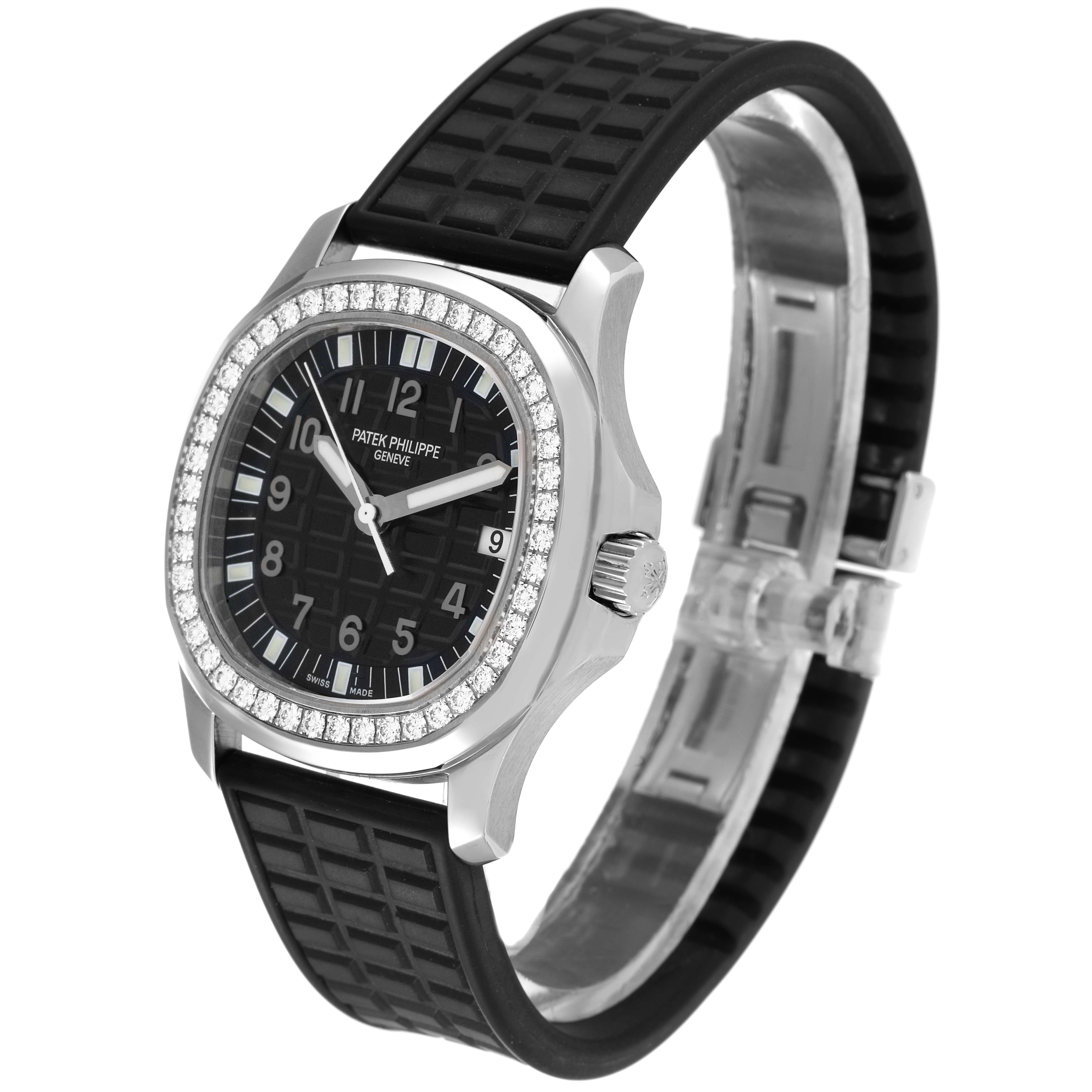 This image shows a Patek Philippe Aquanaut 5067 Women's Stainless Steel Black Dial 5067 Women's Stainless Steel Black Dial watch from a three-quarter angle, highlighting its black dial, bezel, case, and strap.