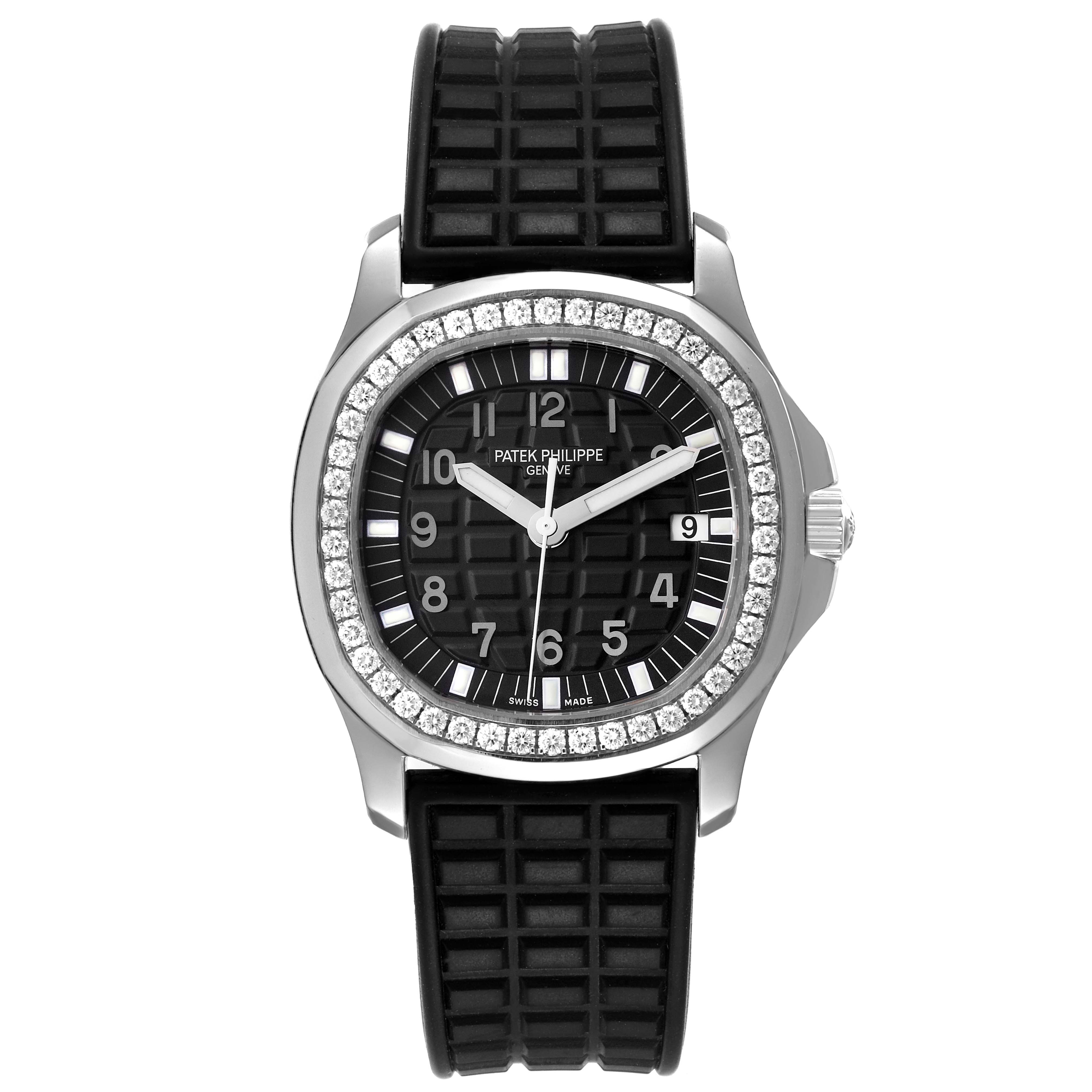 The image shows a Patek Philippe Aquanaut 5067 Women's Stainless Steel Black Dial 5067 Women's Stainless Steel Black Dial watch from a front angle displaying its dial, bezel, and rubber strap.