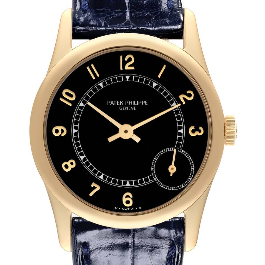 The Patek Philippe Calatrava watch is shown from the front, highlighting its face, hands, and strap.