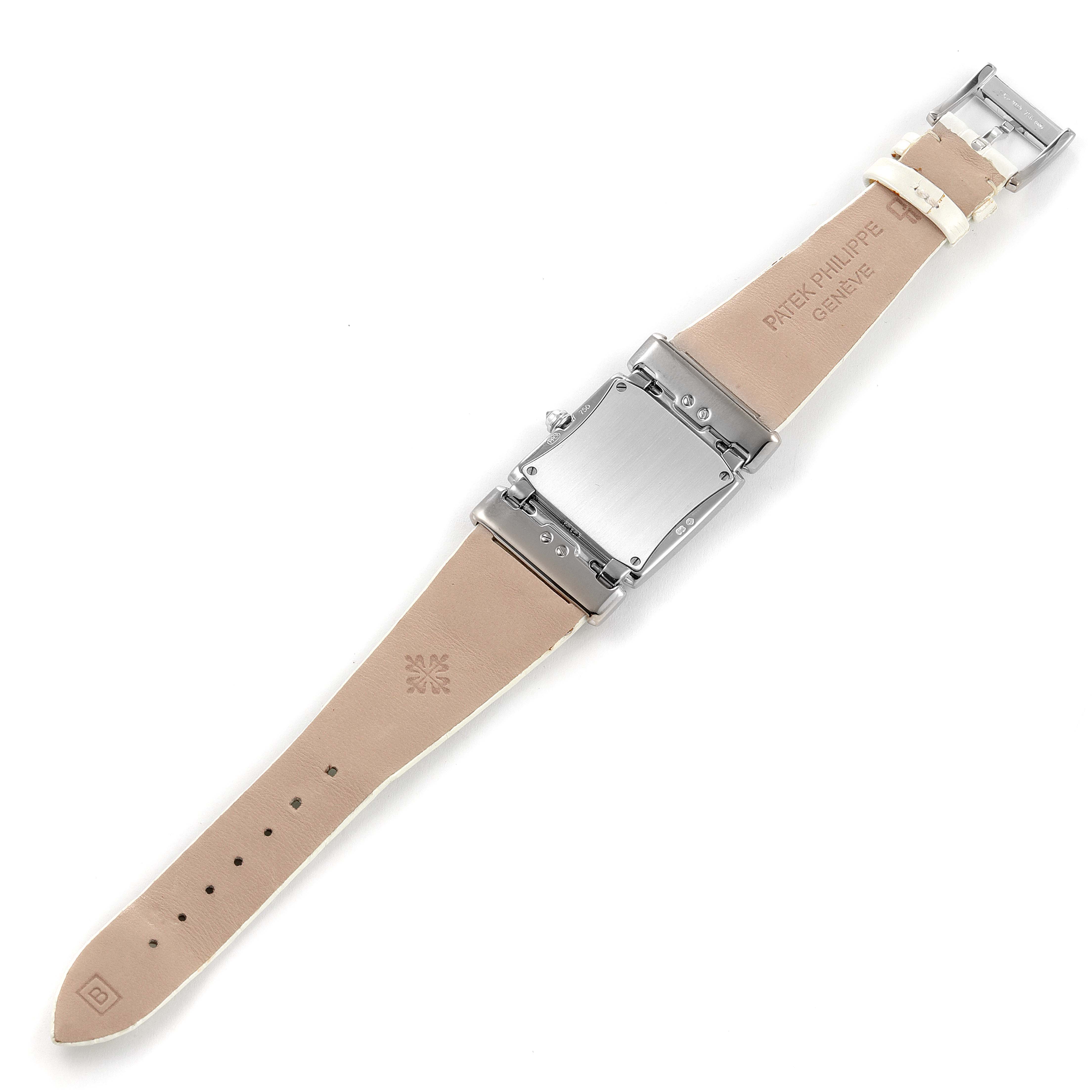 The image shows the back view of a Patek Philippe Twenty-4 4914G-001 Women's White Gold Mother of Pearl Dial 4914G-001 Women's White Gold Mother of Pearl Dial model watch, featuring its strap and clasp.