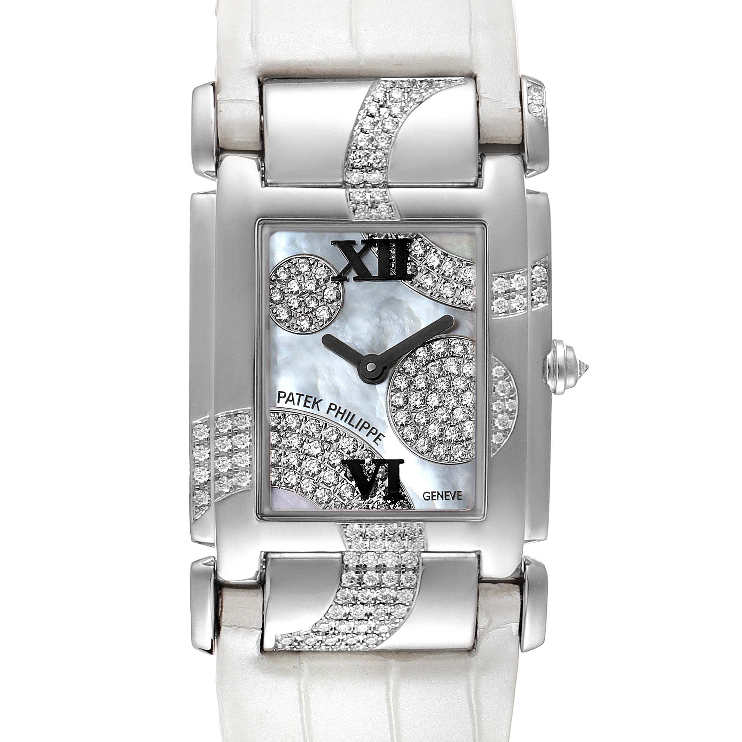 This image shows a front view of the face and strap of the Patek Philippe Twenty-4 4914G-001 Women's White Gold Mother of Pearl Dial 4914G-001 Women's White Gold Mother of Pearl Dial watch with intricate diamond detailing.