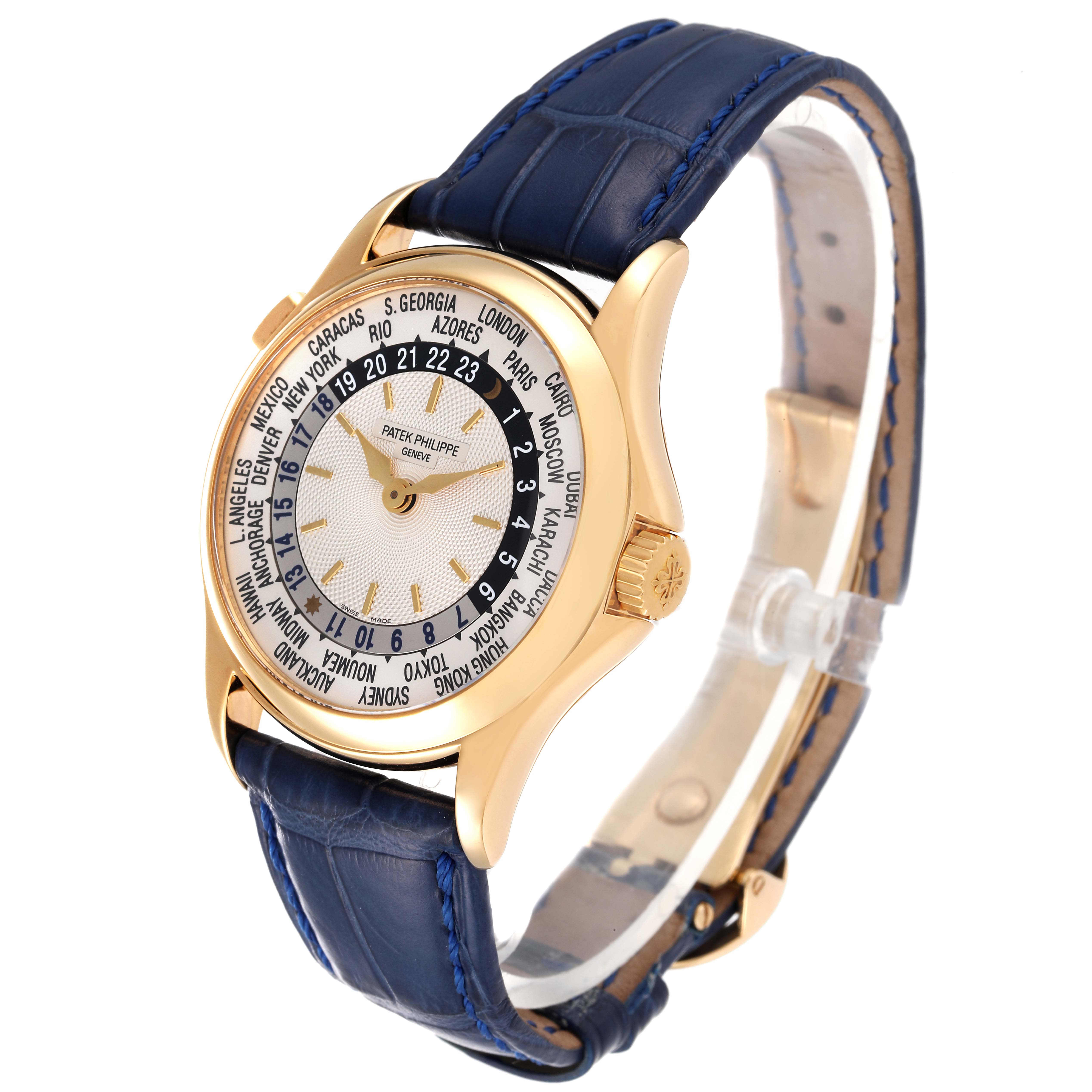 This image of the Patek Philippe Complications 5110J Men's Yellow Gold Silver Dial 5110J Men's Yellow Gold Silver Dial model shows the dial, bezel, crown, lugs, and leather strap from a slight side angle.