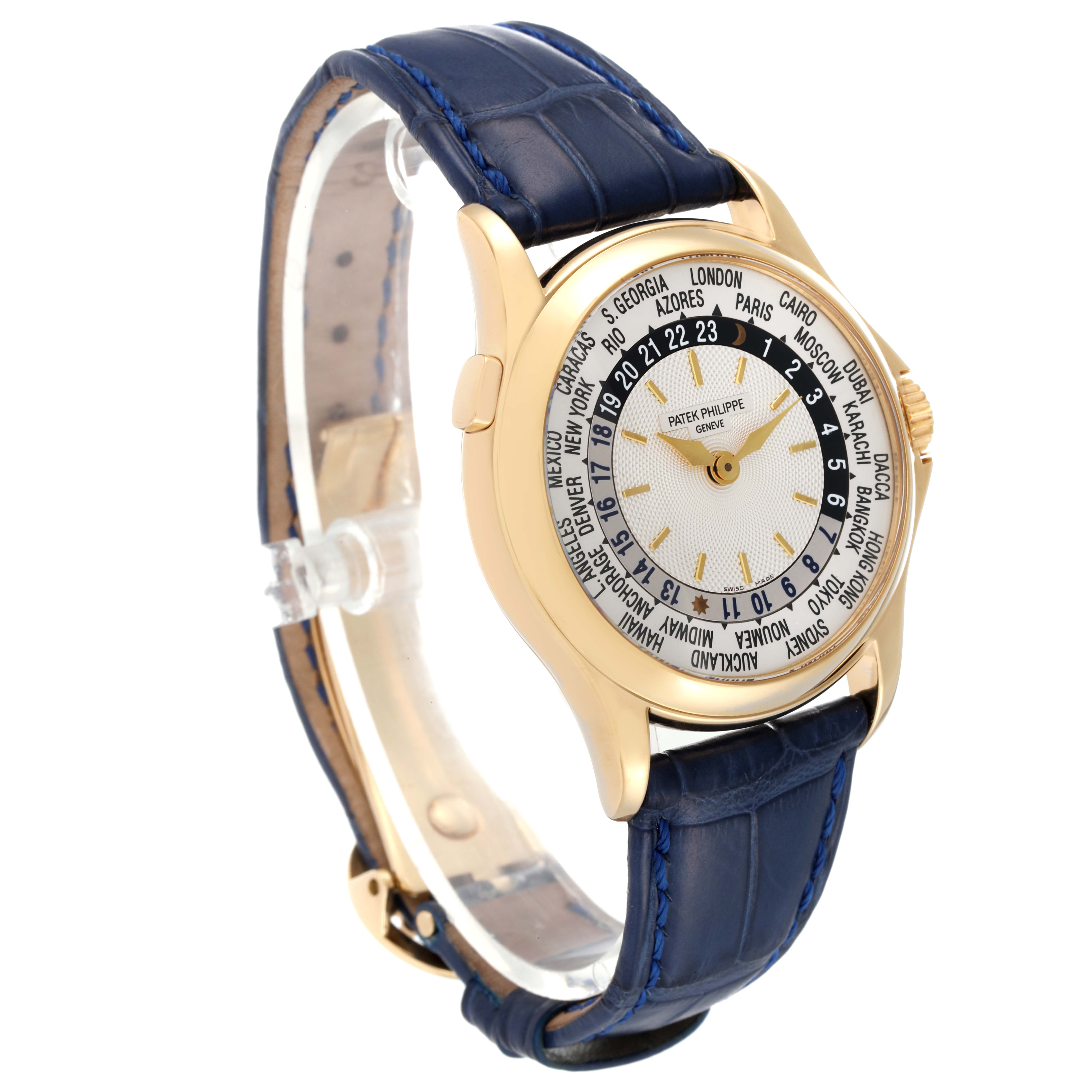 The Patek Philippe Complications 5110J Men's Yellow Gold Silver Dial 5110J Men's Yellow Gold Silver Dial watch is shown at an angled side view, highlighting its dial, blue leather strap, and gold case.