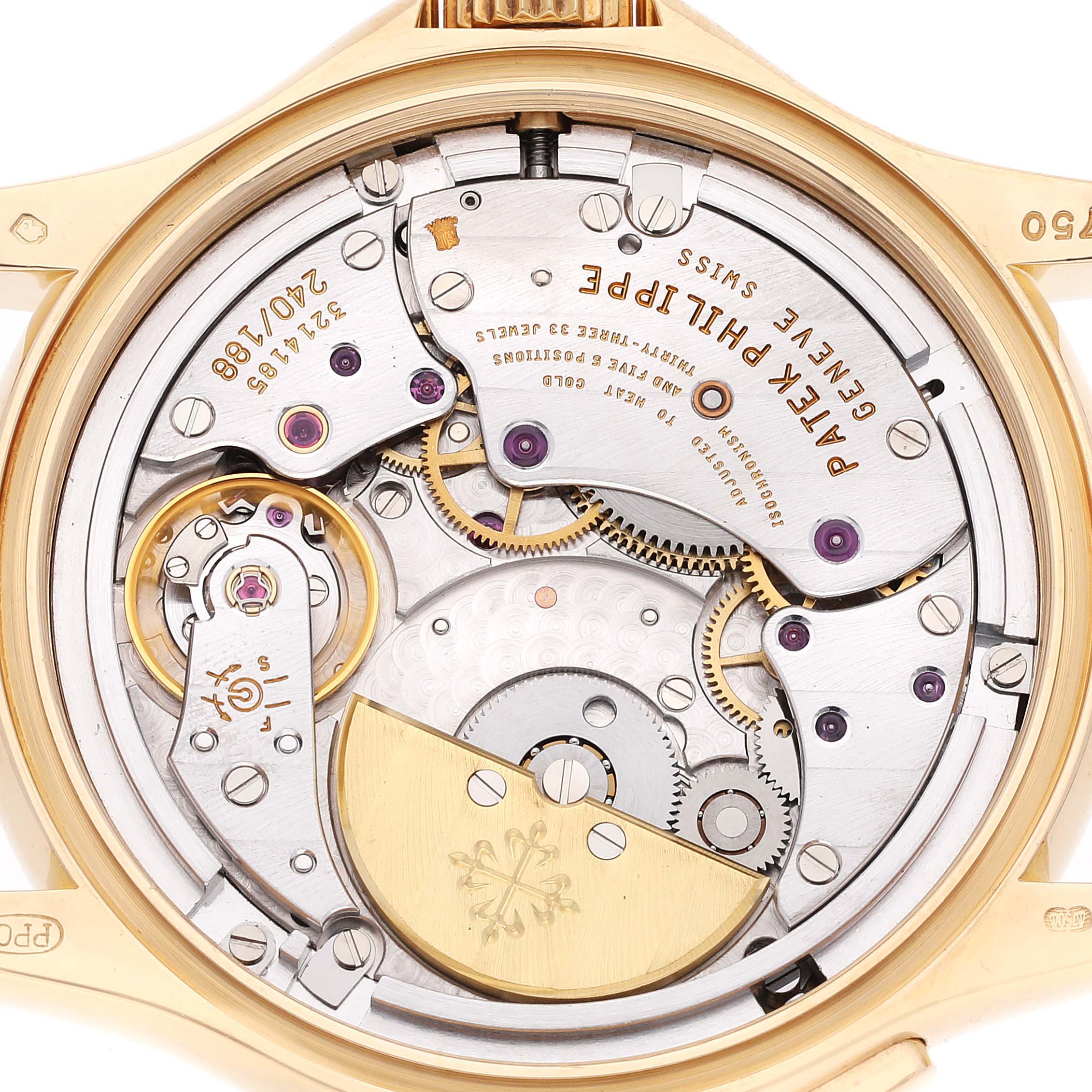 This image shows the intricate movement of a Patek Philippe Complications 5110J Men's Yellow Gold Silver Dial 5110J Men's Yellow Gold Silver Dial model, viewed from the back.