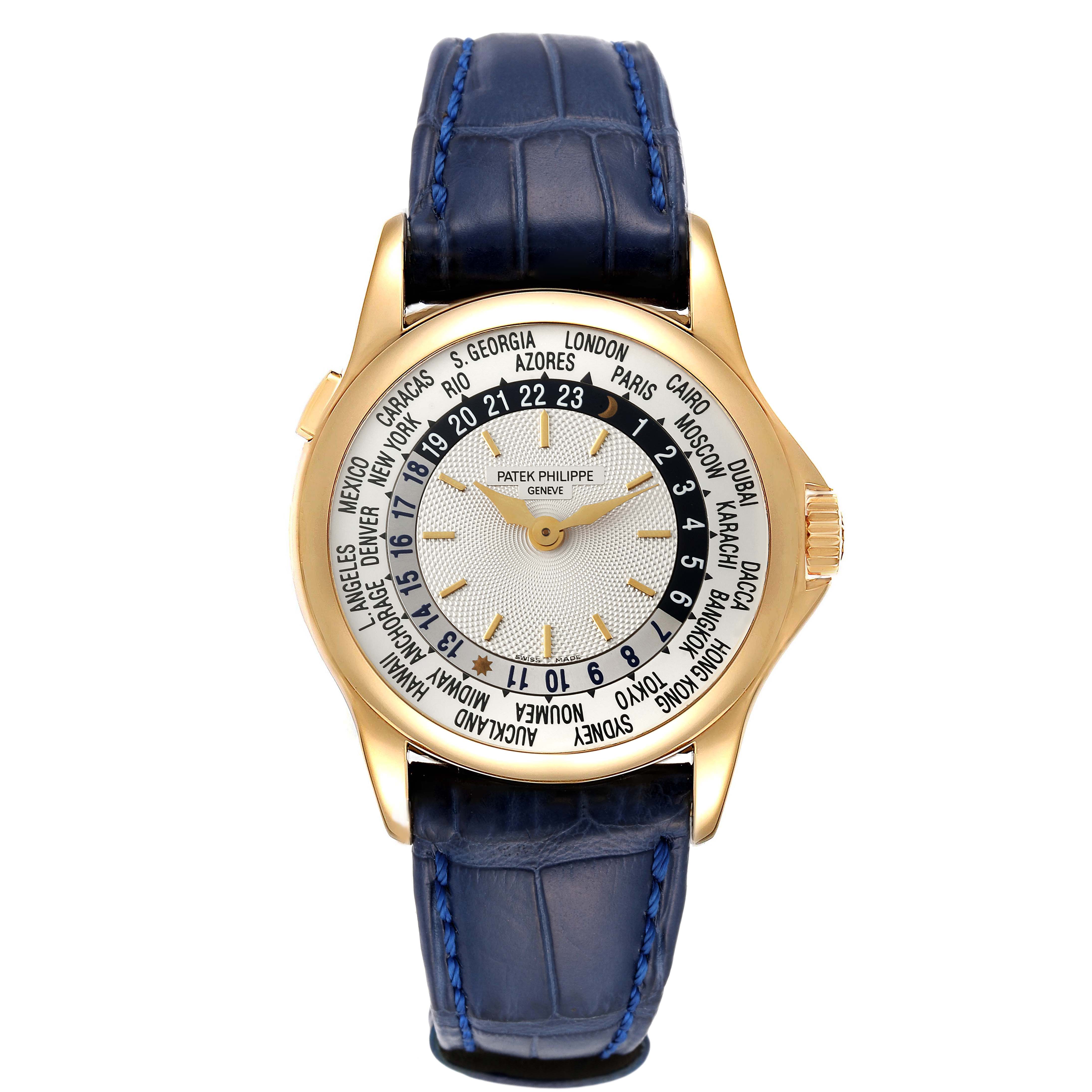 The Patek Philippe Complications 5110J Men's Yellow Gold Silver Dial 5110J Men's Yellow Gold Silver Dial watch is shown from a front angle, displaying the dial and blue leather strap.