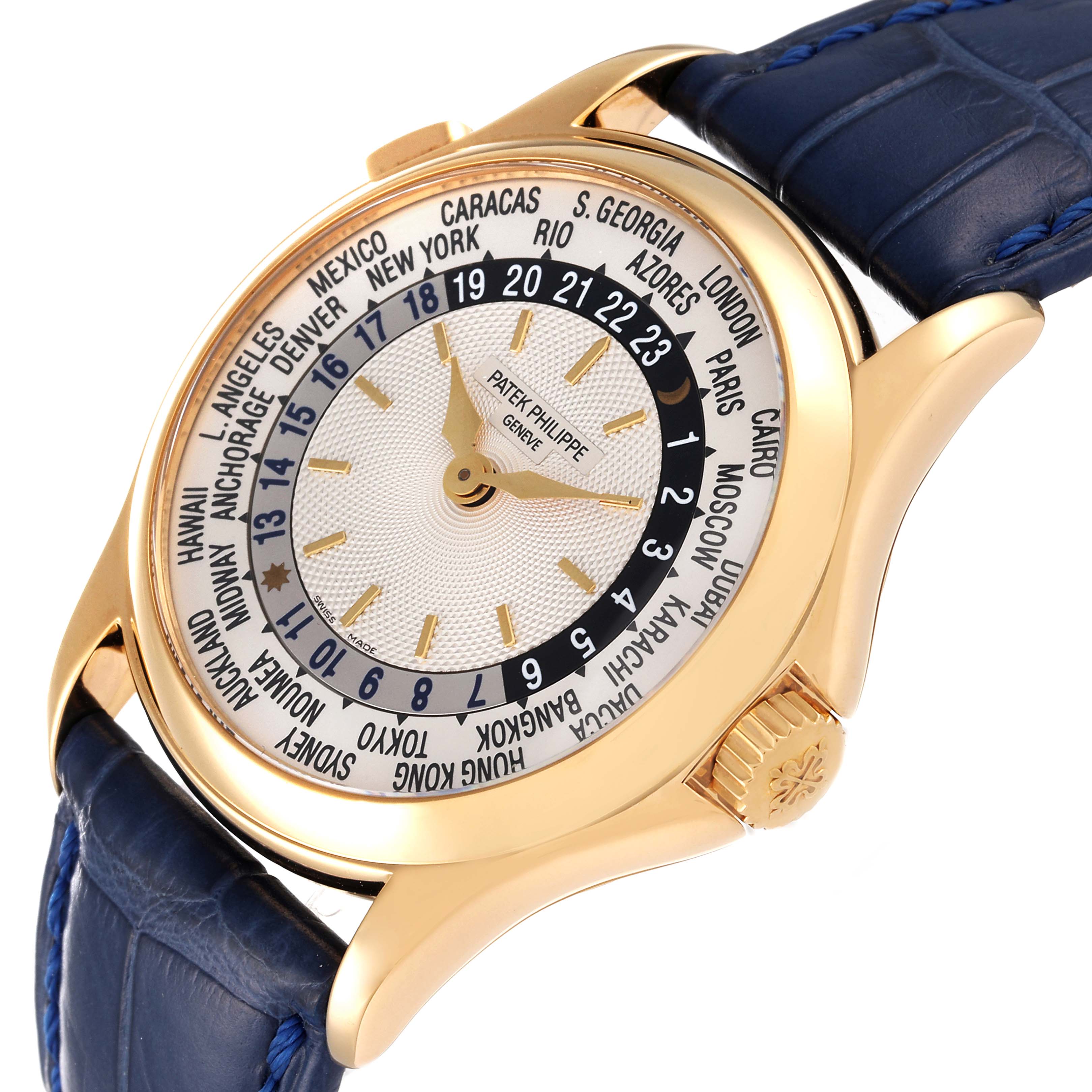 The image shows a Patek Philippe Complications 5110J Men's Yellow Gold Silver Dial 5110J Men's Yellow Gold Silver Dial model watch at an angle highlighting the dial, bezel, case, and part of the blue strap.