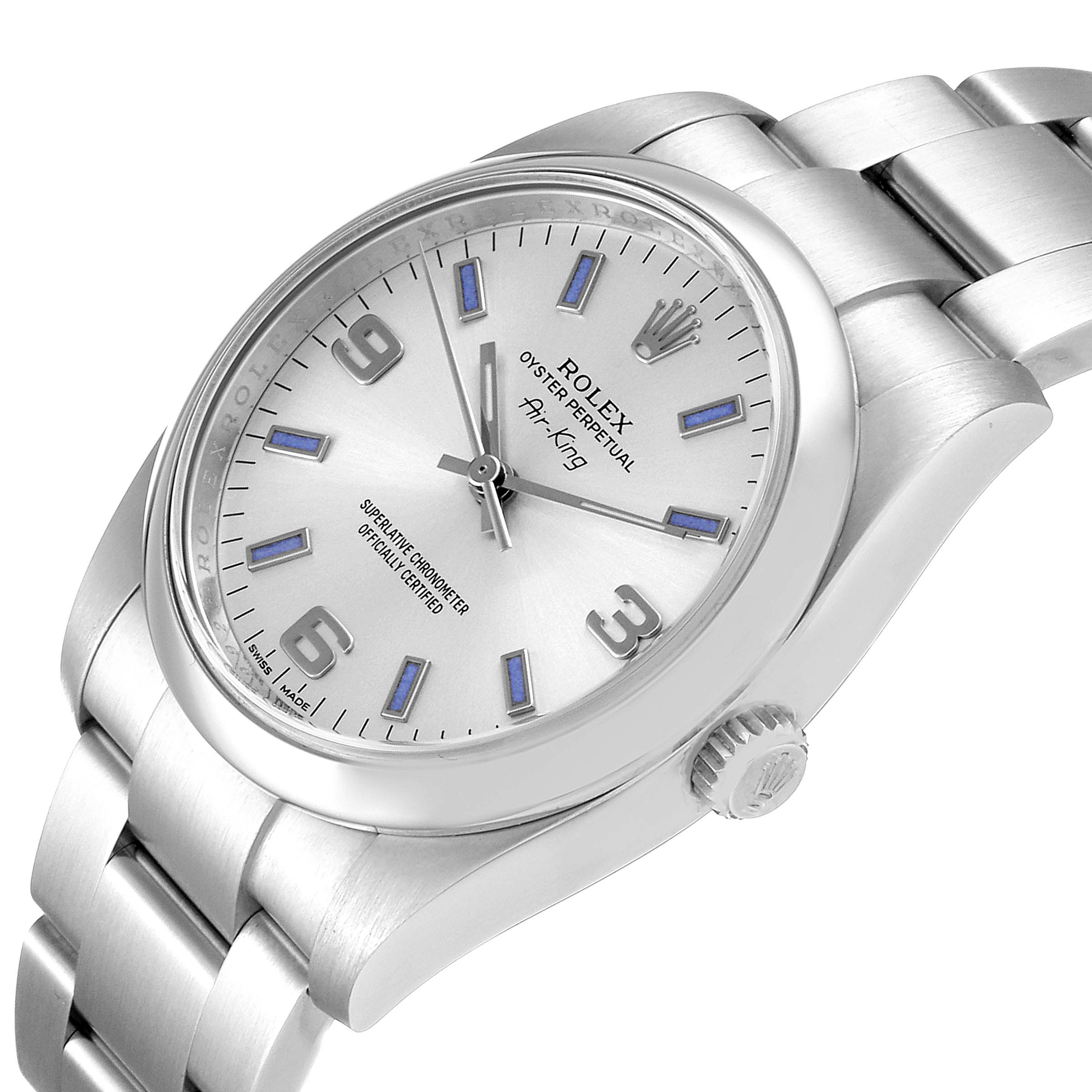 This image shows a Rolex Air-King 114200 Men's Stainless Steel Silver Dial 114200 Men's Stainless Steel Silver Dial watch at a slight angle, highlighting the dial, crown, and part of the bracelet.
