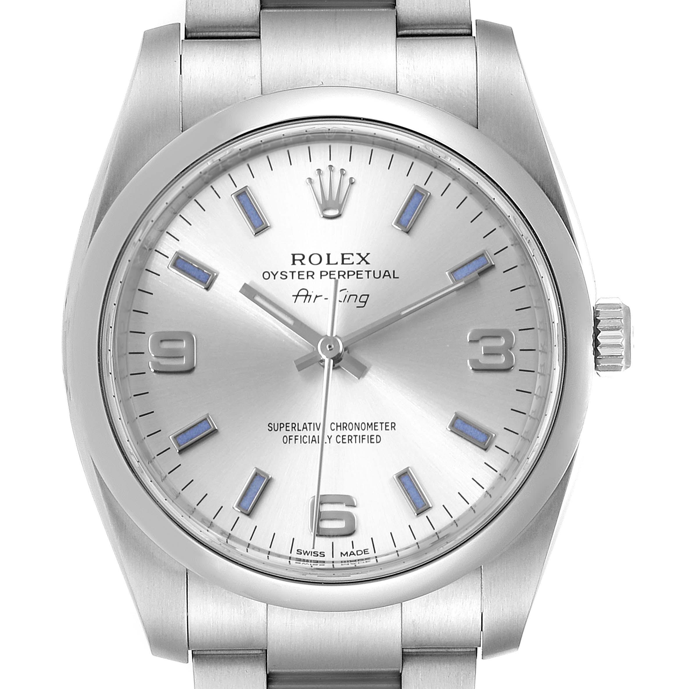 The image shows a frontal view of the Rolex Air-King 114200 Men's Stainless Steel Silver Dial 114200 Men's Stainless Steel Silver Dial watch, displaying its dial, hands, and part of the bracelet.